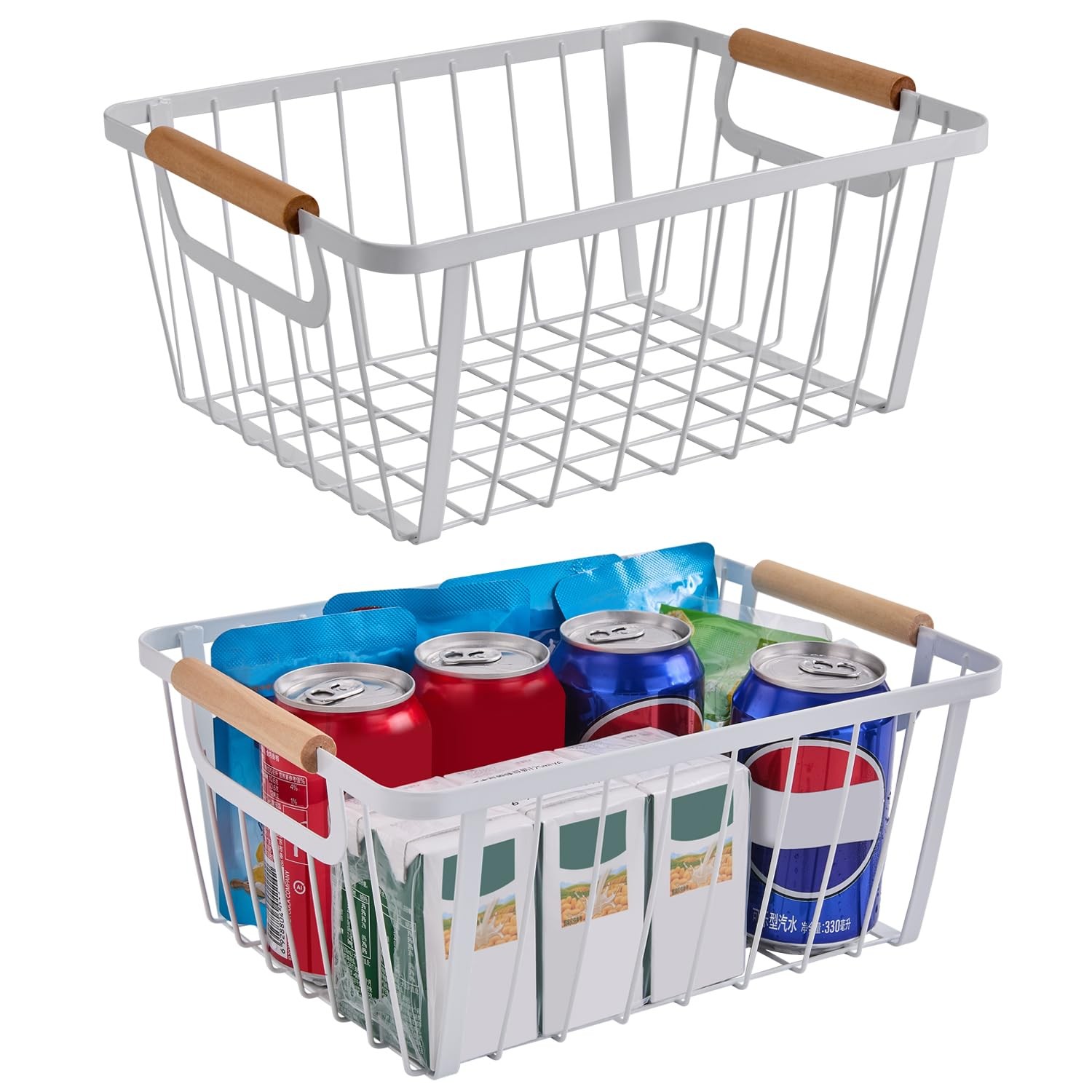 White wire baskets for organizing with Wooden Handle ,Metal Wire Storage Bask...