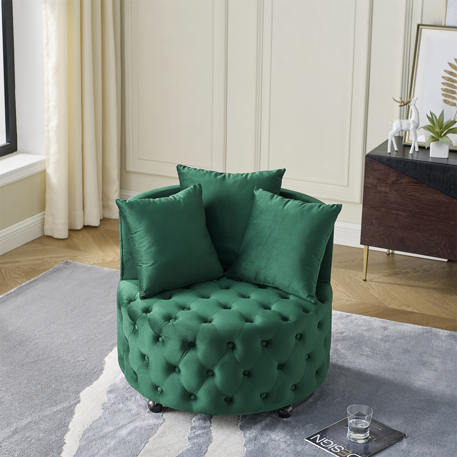 Velvet Upholstered Accent Chair Sofa Lounge Club Round Chair Living Room Green