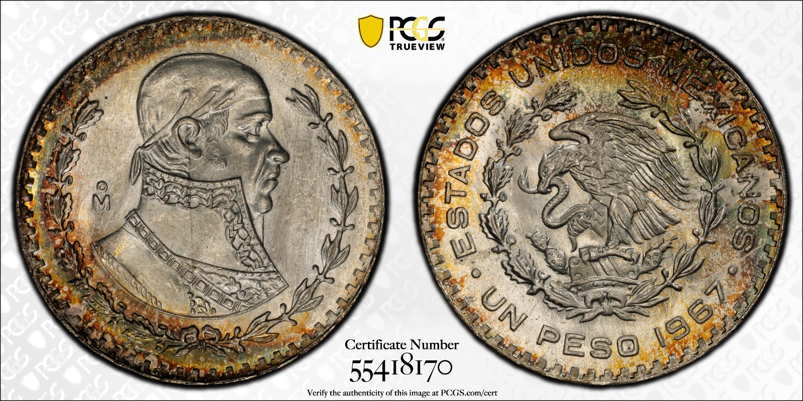 1967-Mo Mexico Peso KM-459 PCGS Certified MS 67