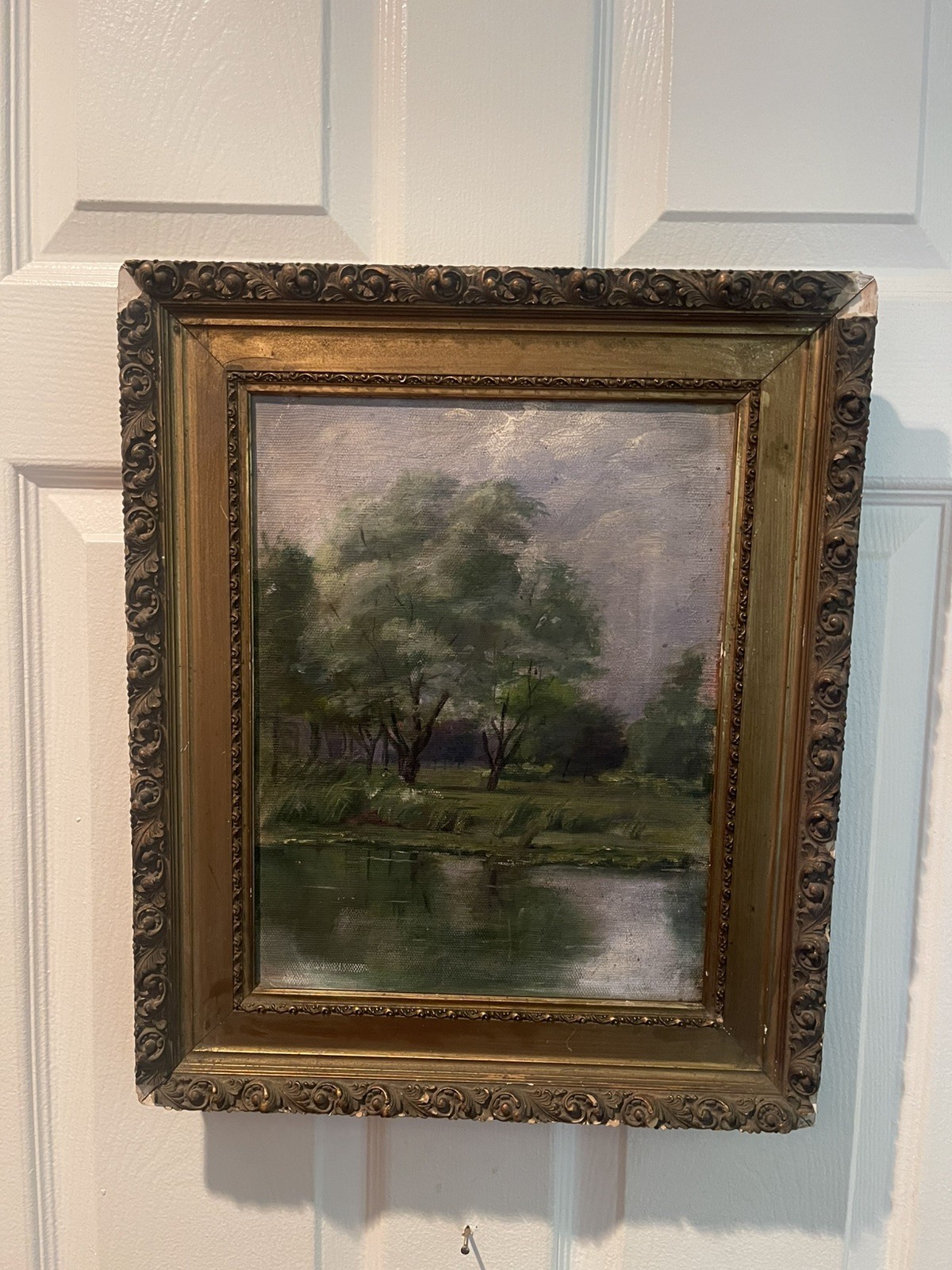 Antique 19thC/20thC Landscape Oil Painting & Gilt Frame- Impression Lake Scene