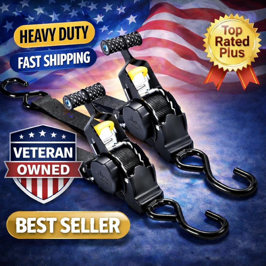 2 Retractable Ratchet Tie-Down Straps | 1500LBS Heavy-Duty for Boat, ATV, UTV-