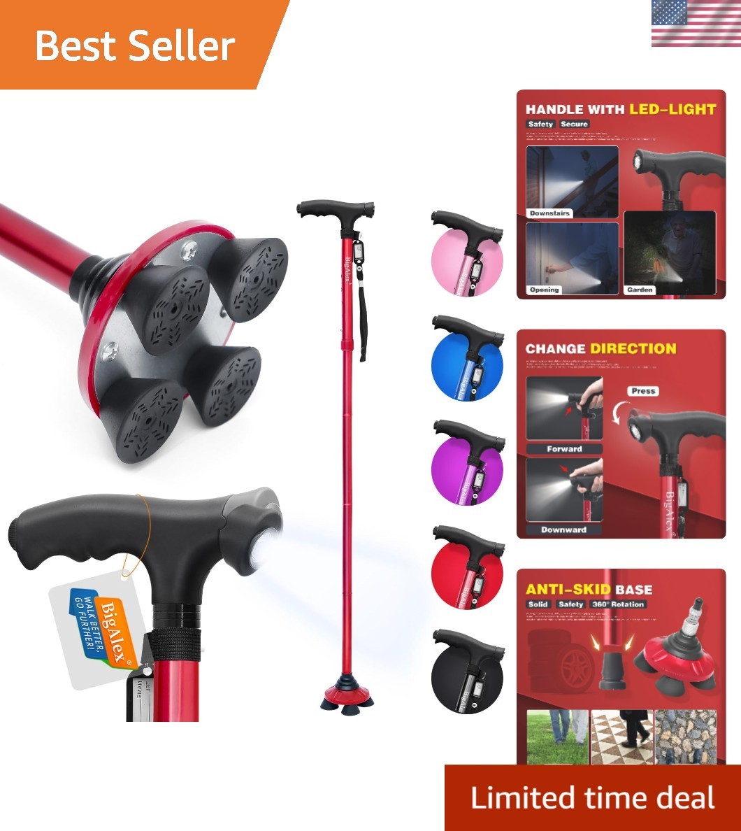 Lightweight Folding Walking Cane with LED Light and Rubber Grip Base - Unisex