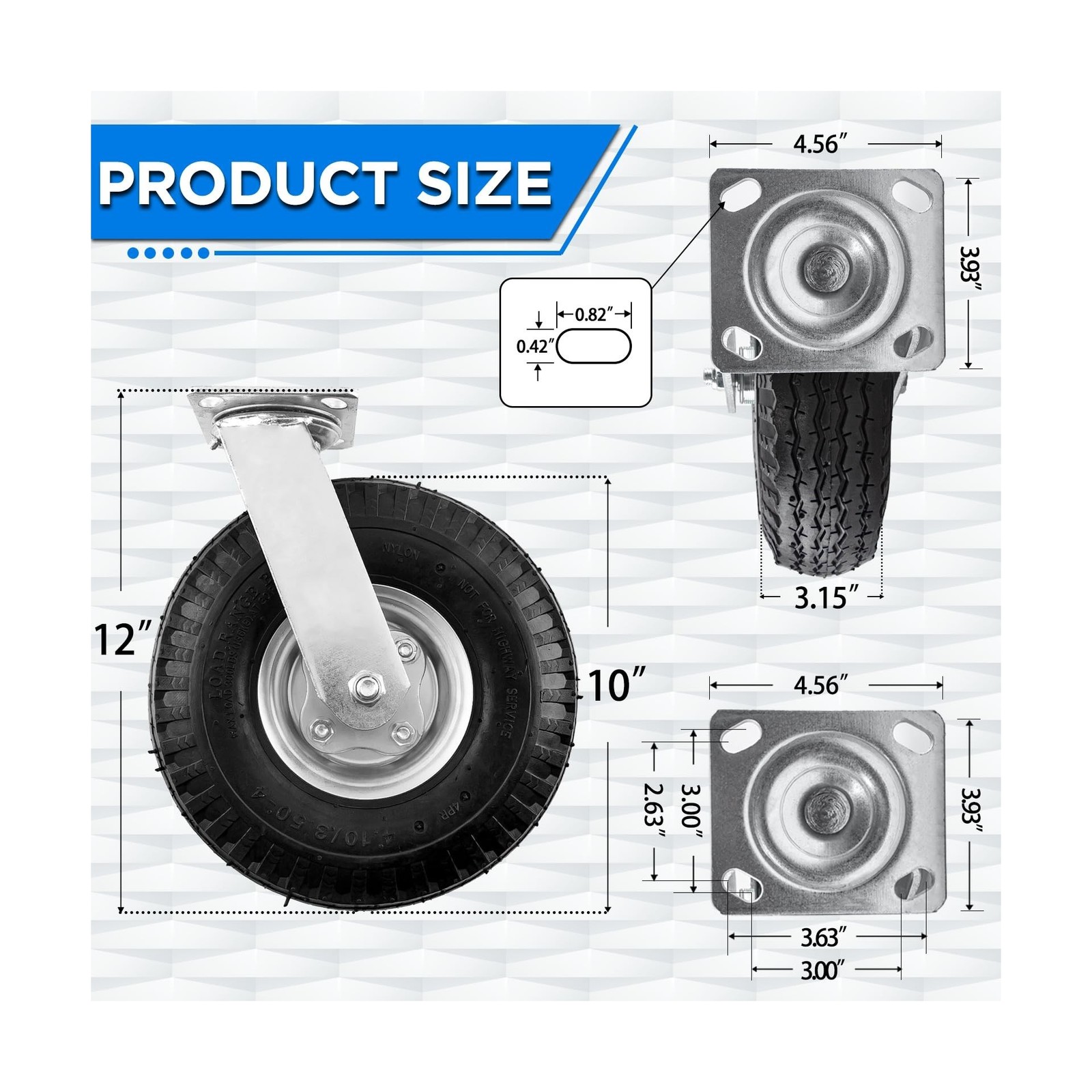 (2 Pack) RRQ 10 Inch Caster Wheels, Pneumatic Swivel Caster Wheels with Zinc ...