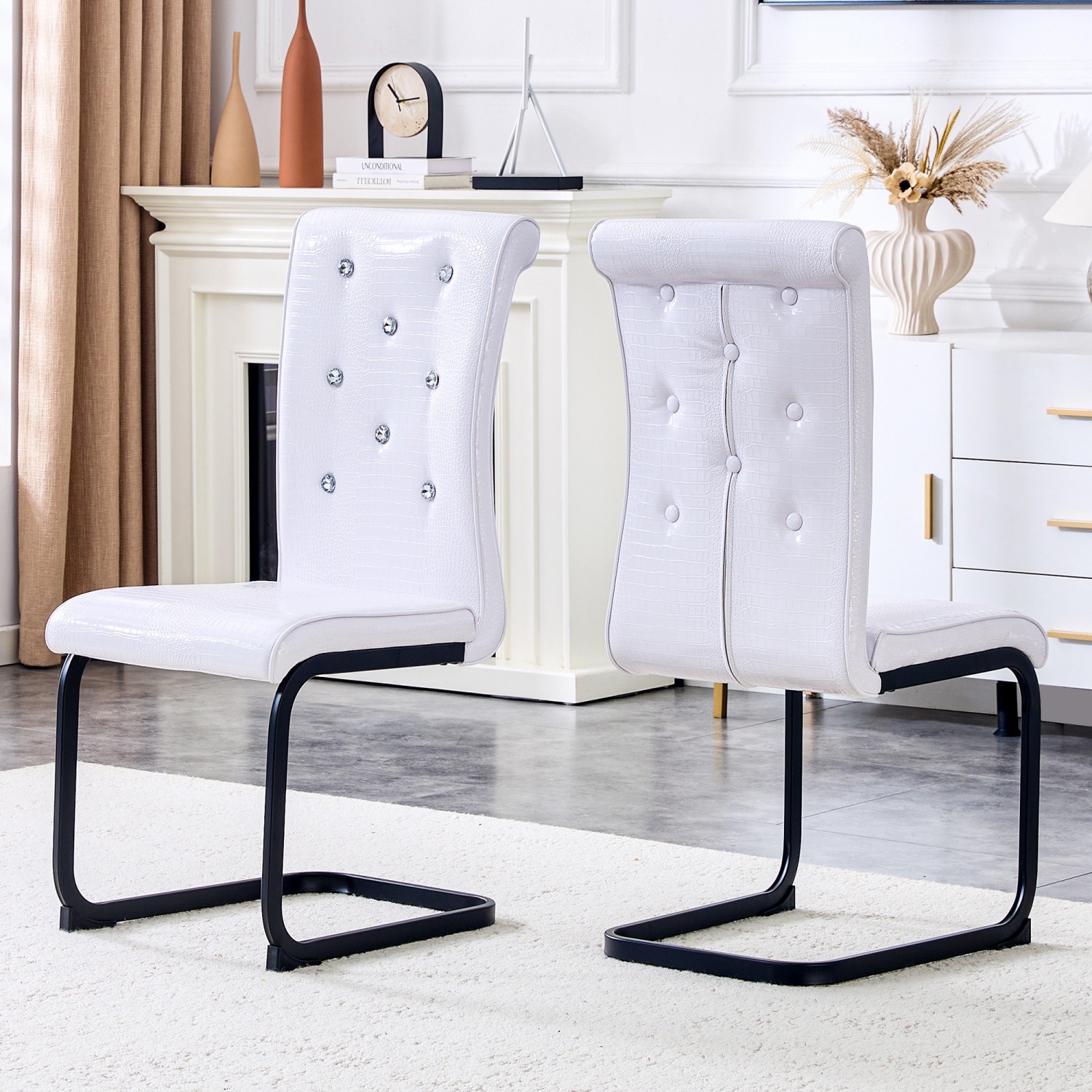 Set of 2/4 Modern Upholstered Faux Leather Dining Chairs w/ Black Metal Bow Legs
