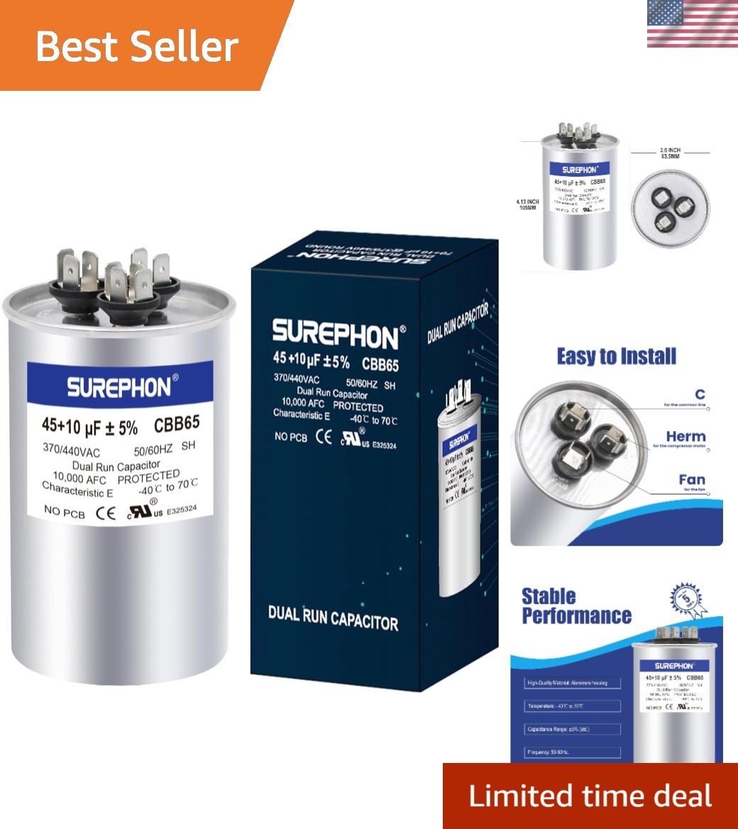 45+10 uF 45/10 MFD ±5% 370V/440VAC Dual Run Start Capacitor Works for AC Unit...