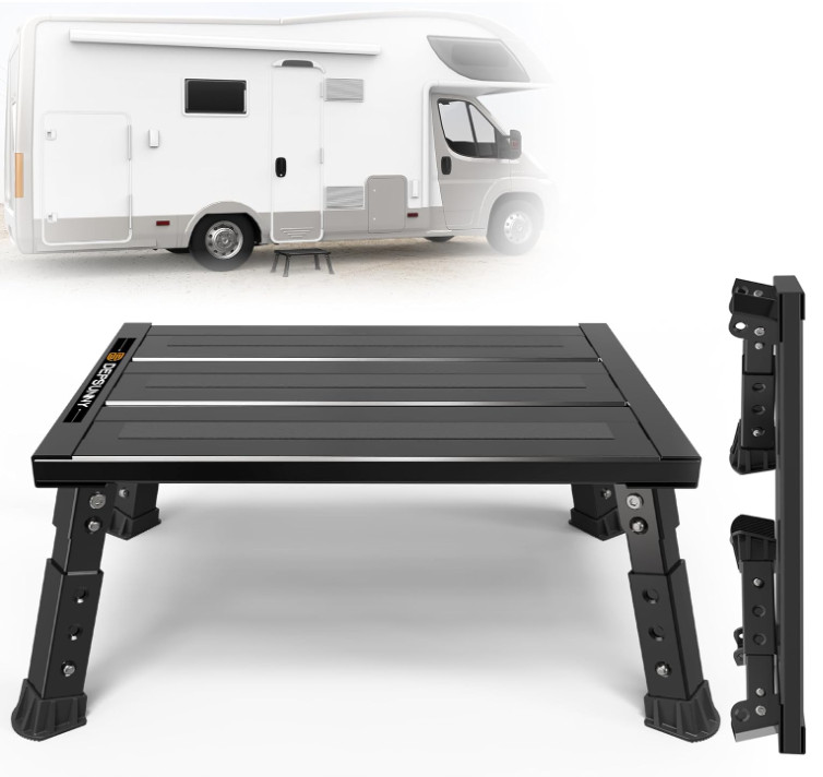 Adjustable RV Step Stool, 3-Step Height Adjustment, Foldable Legs, Wide Anti-Sli