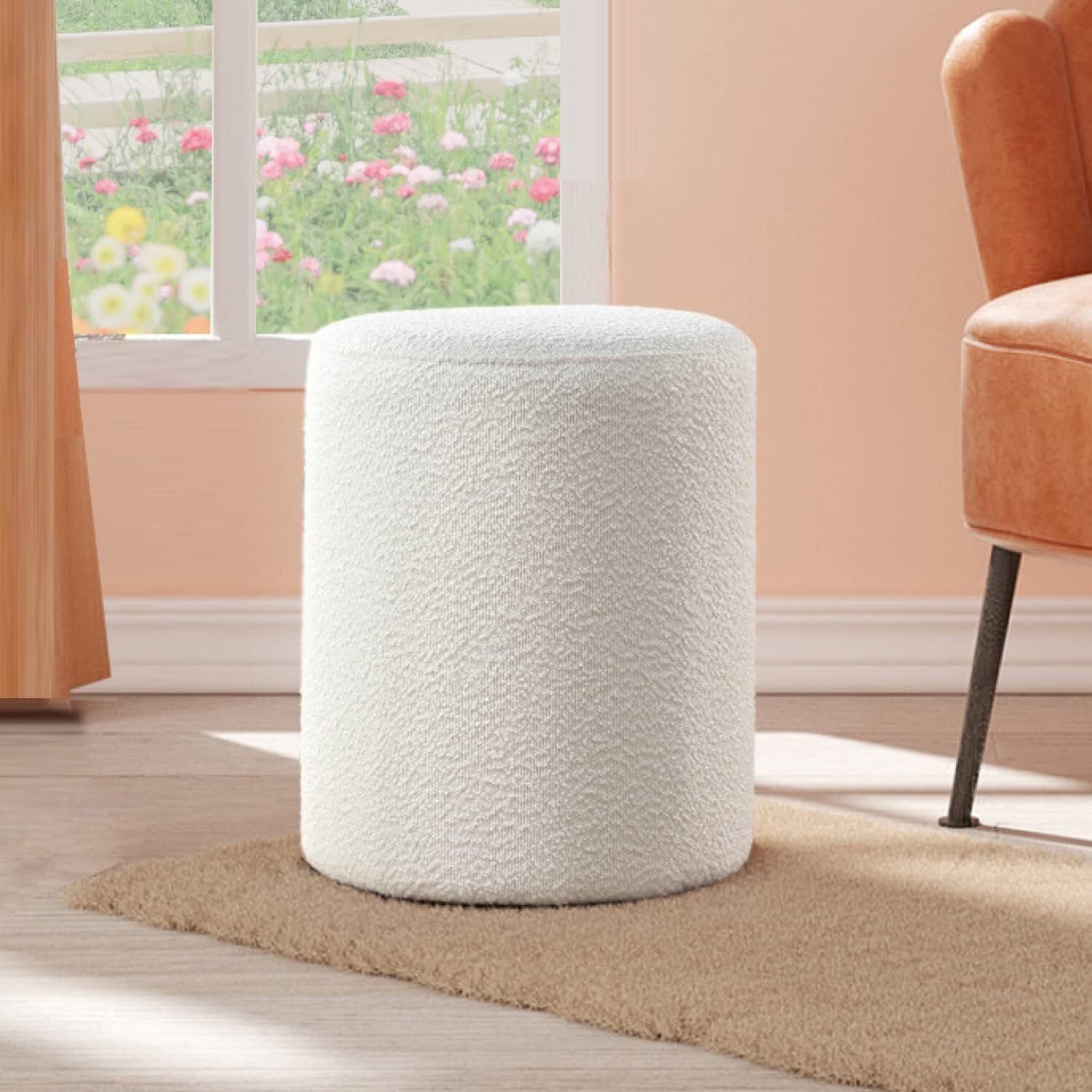 Modern Round Ottoman with Soft Padded Seat, Multifunctional Vanity White