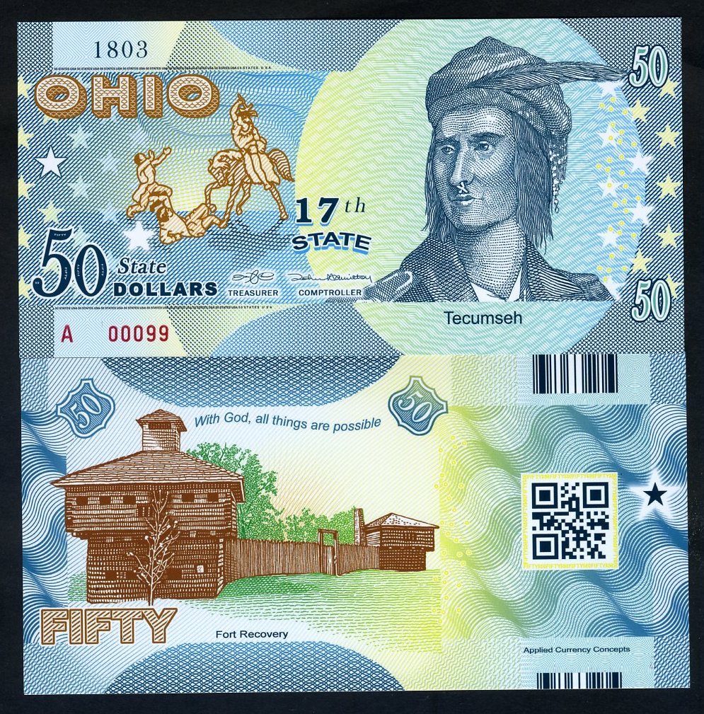 USA States, Ohio, $50, Polymer, ND (2016), P-N/L, UNC Tecumseh F