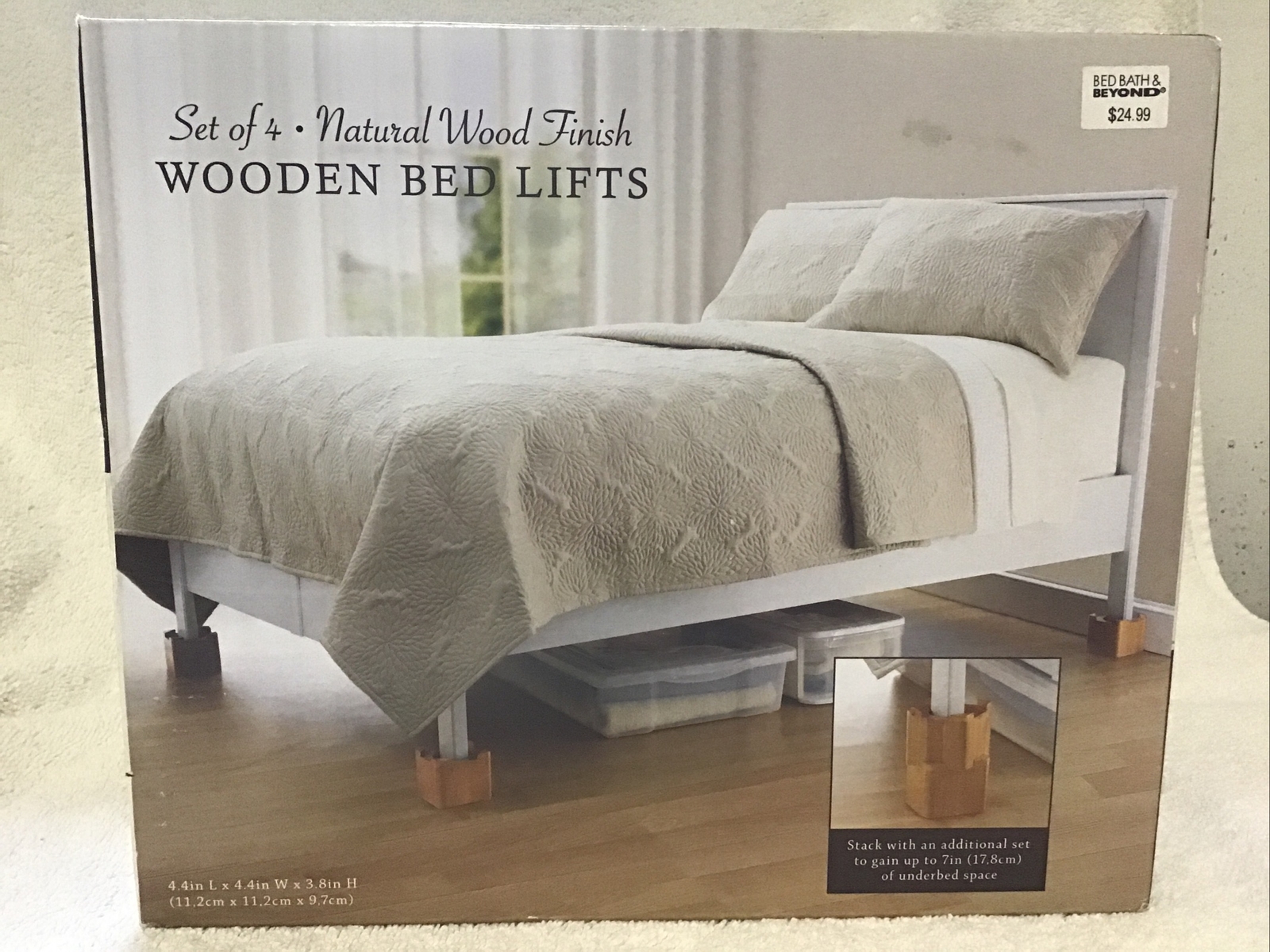 Brand New In Box WOODEN BED LIFTS Natural Color FROM BED BATH BEYOND Wood Lift