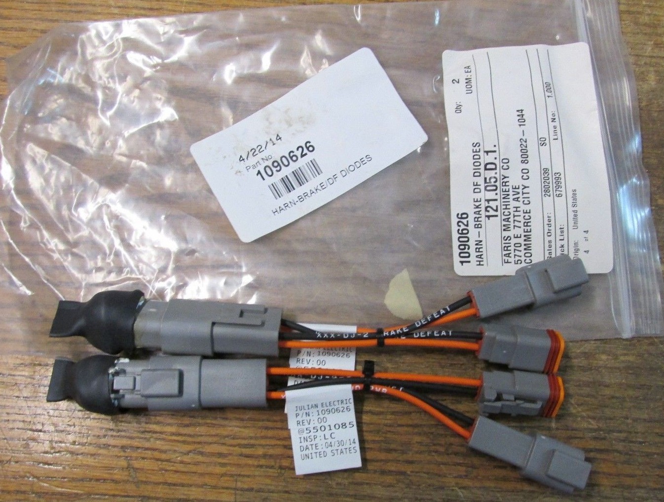NEW NOS LOT OF 2 Julian Electric 1090626 Harness Brake / DF Diodes
