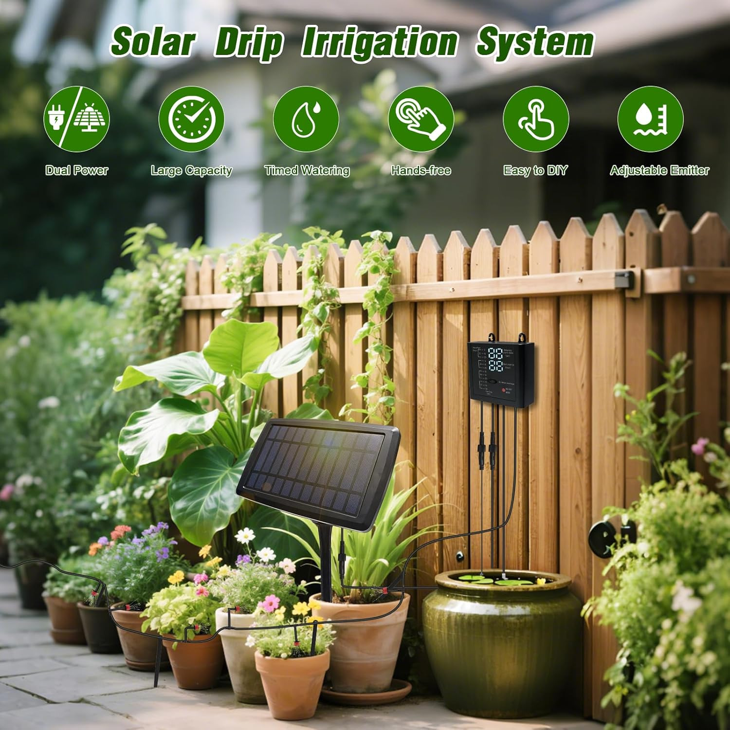Solar Drip Irrigation System for Garden, Automatic Drip Irrigation Kit with 33FT