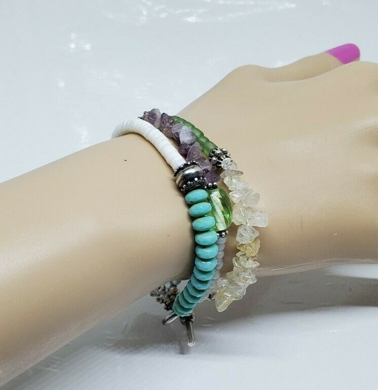 Multistone Teal Blue White Green Multibead Toggle Bracelet 7"