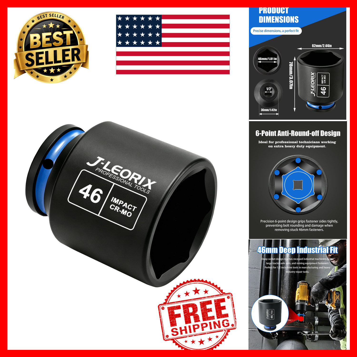1/2 Drive Deep Impact Socket 46mm CR-MO 6-Point Spindle Axle Nut Black Phosphate