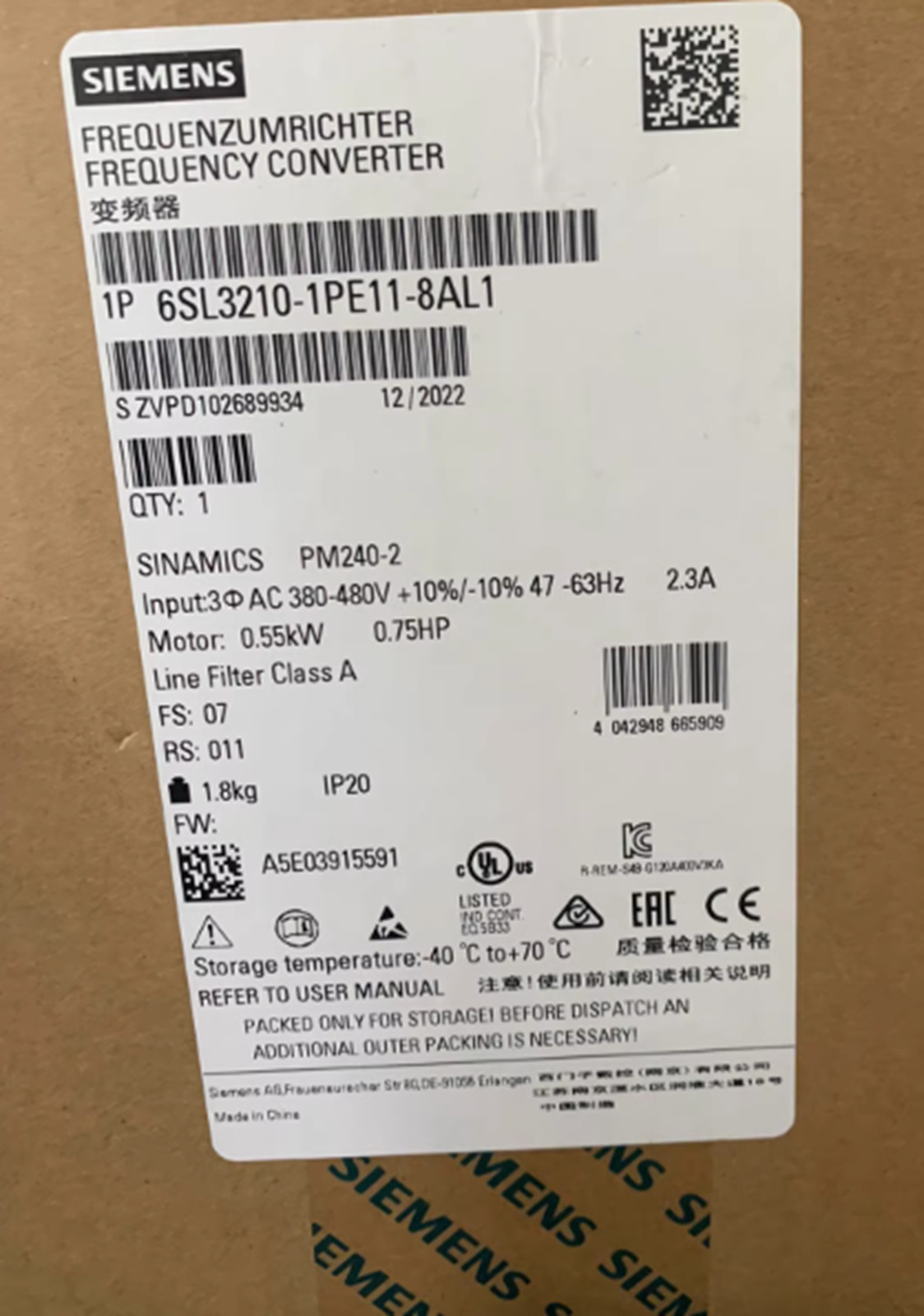 NEW SIEMENS 6SL3210-1PE11-8AL1 Inverter