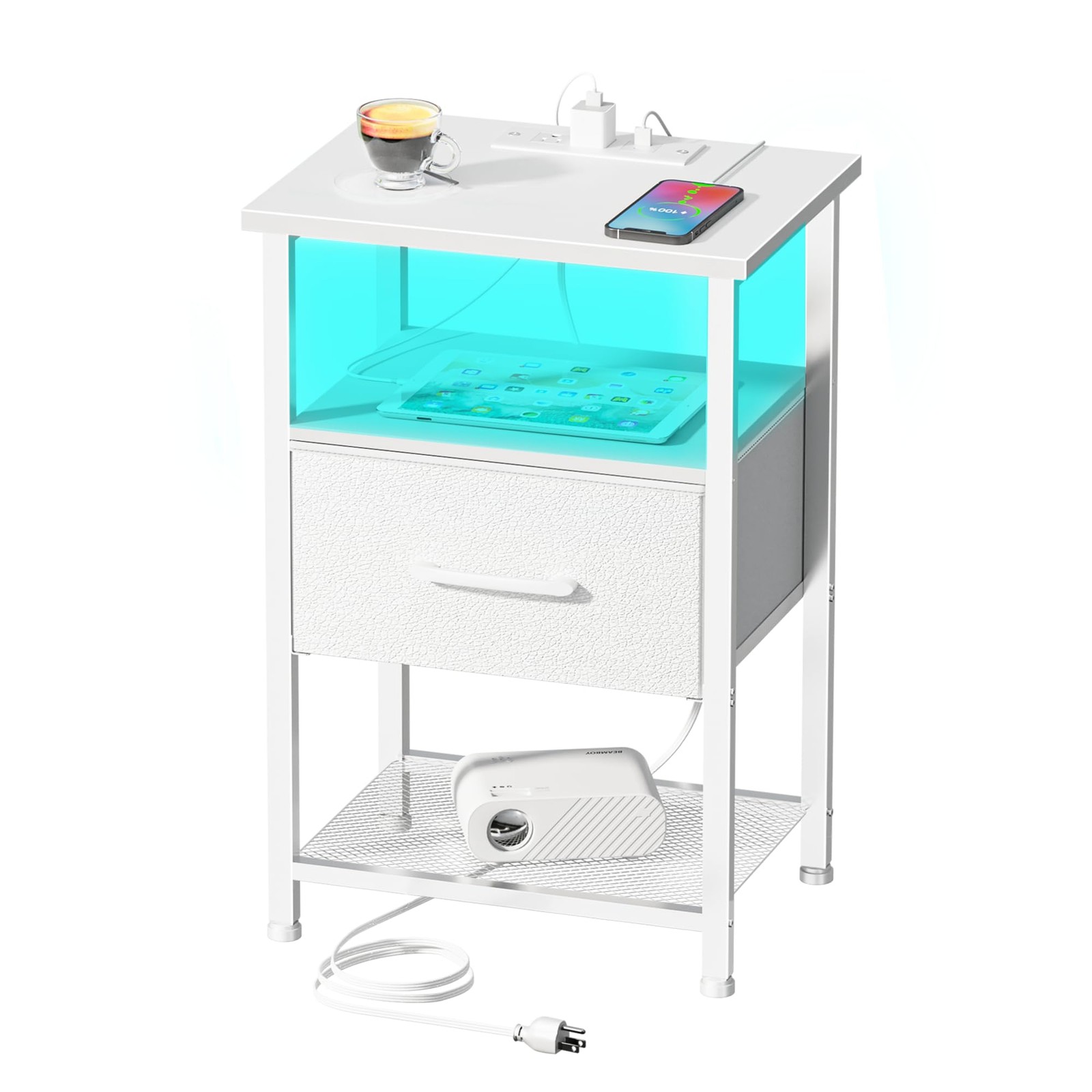 Mesa De Noche Blanca Con Estacion De Carga Cajon Luz Para Dormitorio Cuarto Sala