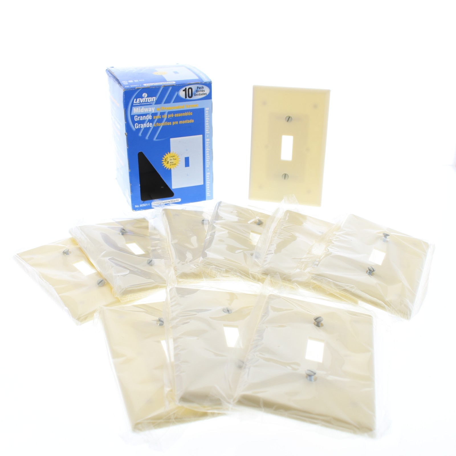 Leviton 80501-I Ivory 1-Gang Toggle Switch Plastic Midway Wallplate Covers 10pcs