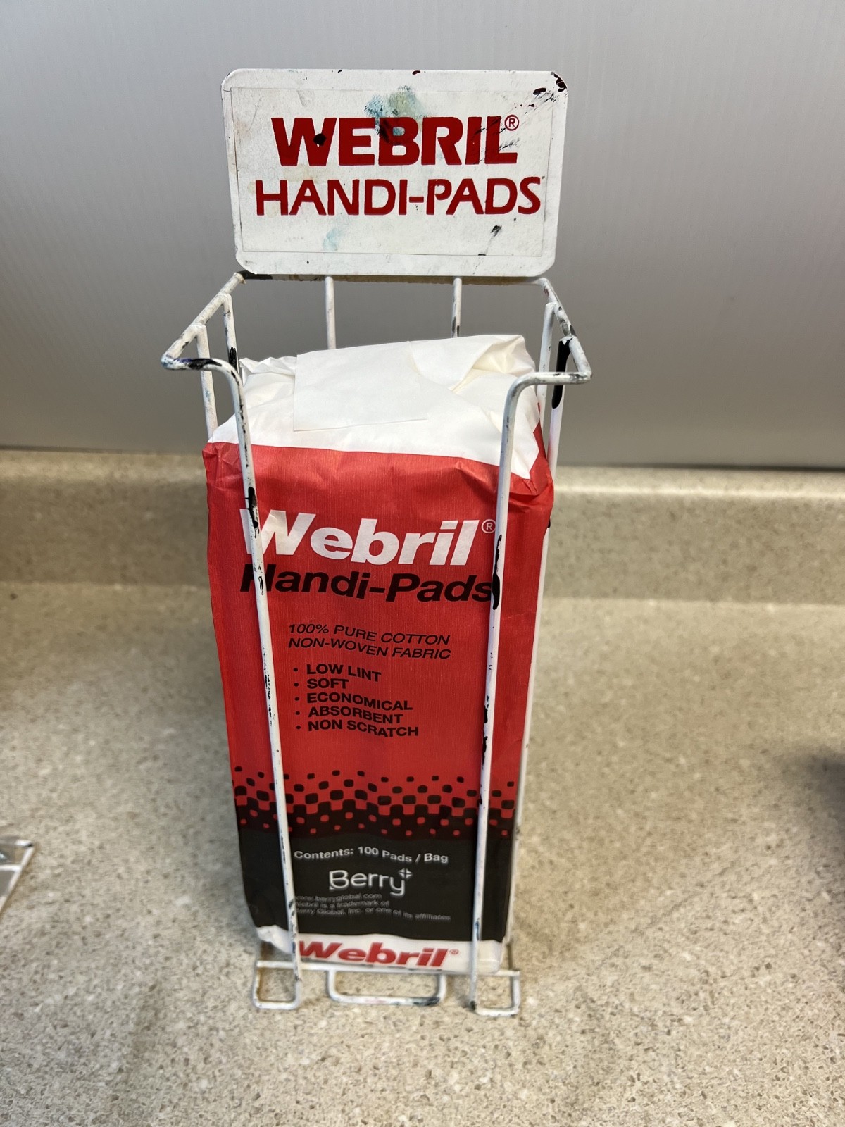 USED WEBRIL WALL RACK with 100 NEW 4 x 4 Pure Cotton HANDI PADS - RARE -