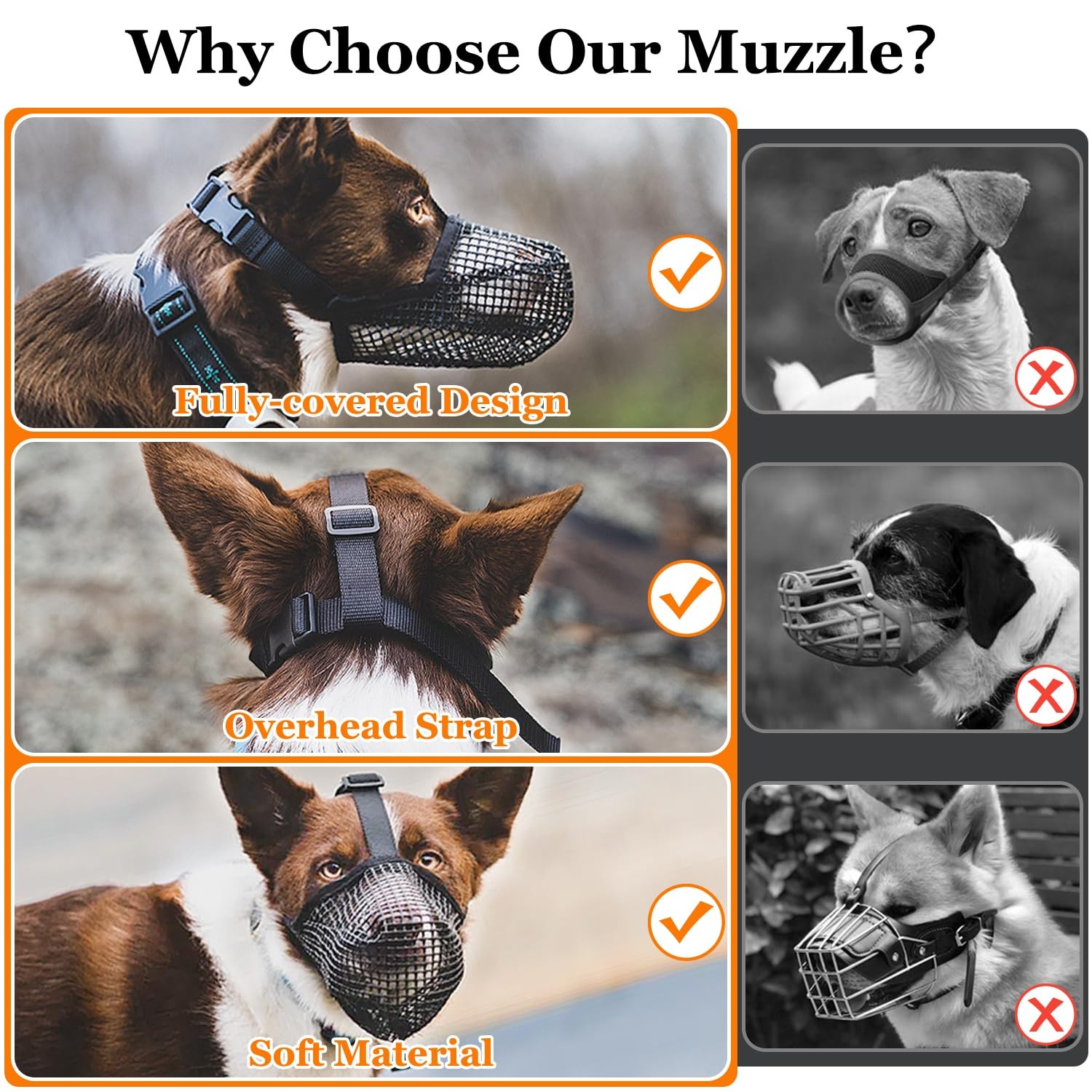 Dog Muzzle Soft Mesh Small Medium Large Dogs Breathable Mouth Guard Grey L