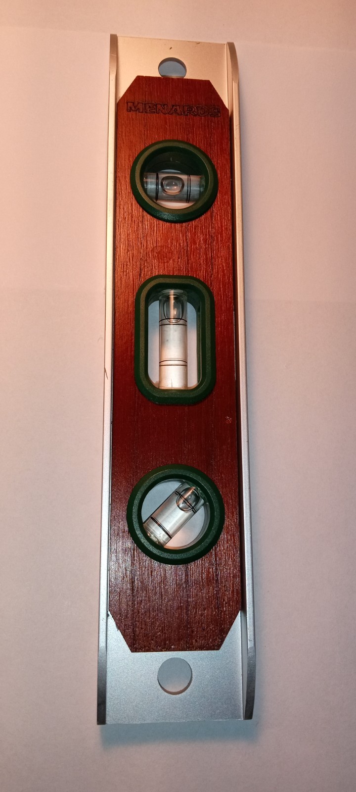 (1) NEW 9" 3-vial Menards Torpedo Level - Wood Front w/ Aluminum Frame
