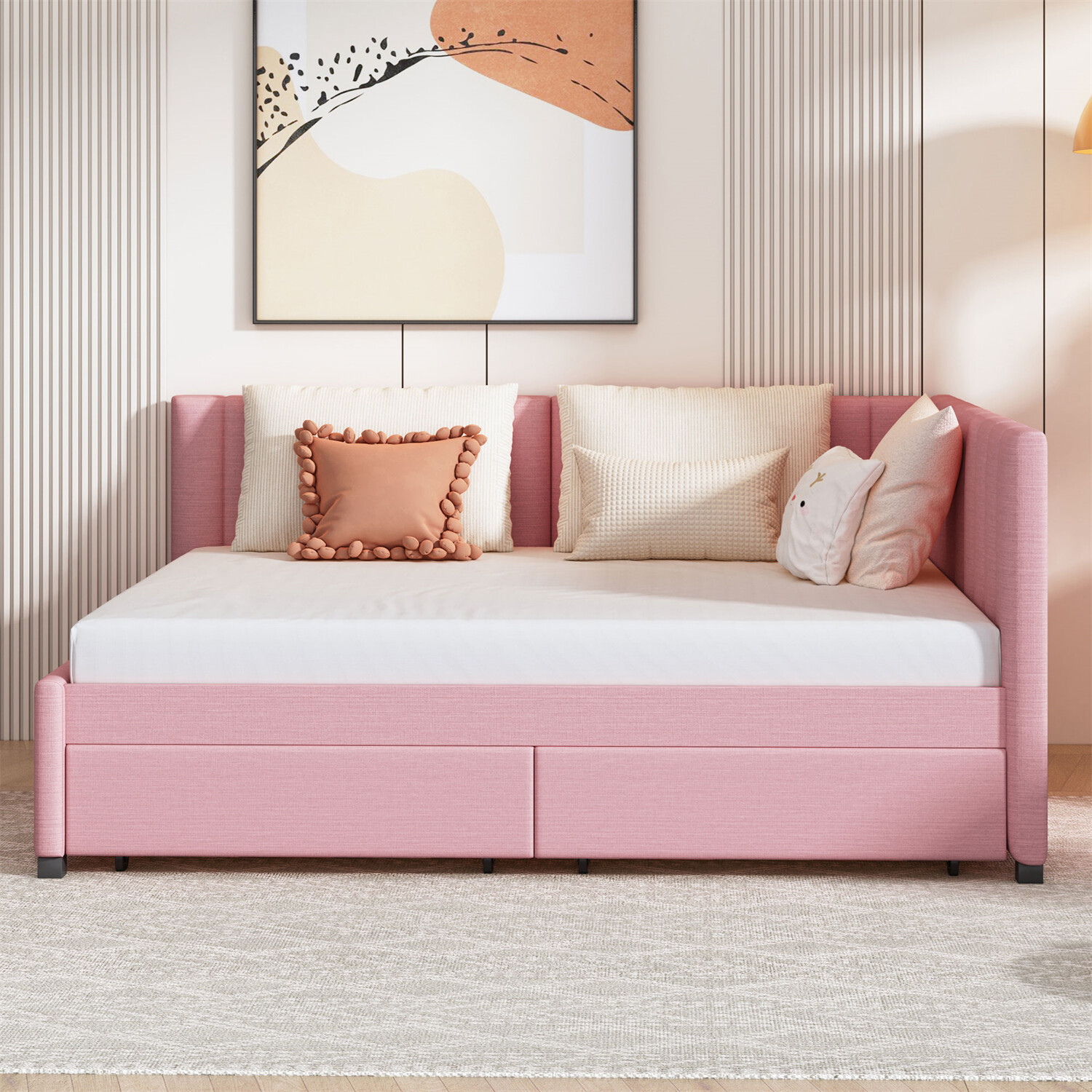 Full Size Daybed Upholstered Bed Frame Sofa Bed w/ 2 Storage Drawers Pink