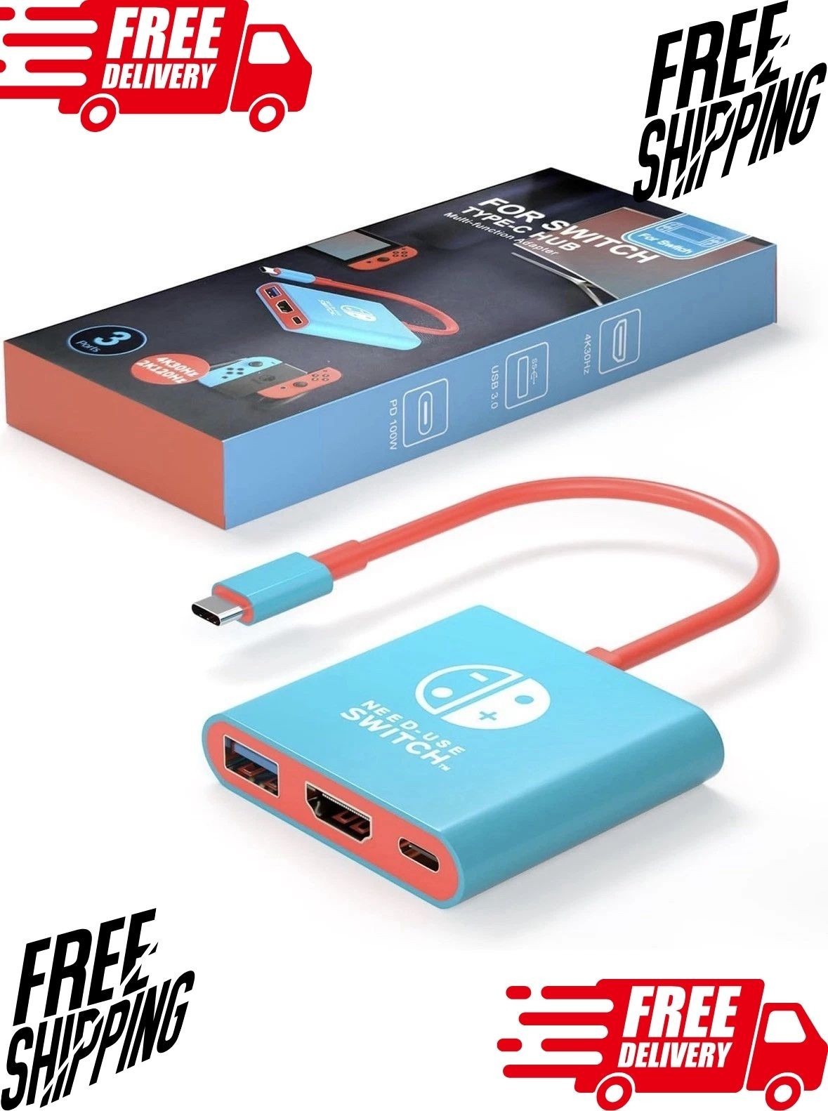 Nintendo Switch Type-C Hub NEW SEALED Portable Dock Adapter 4k Blue Red 3 Ports