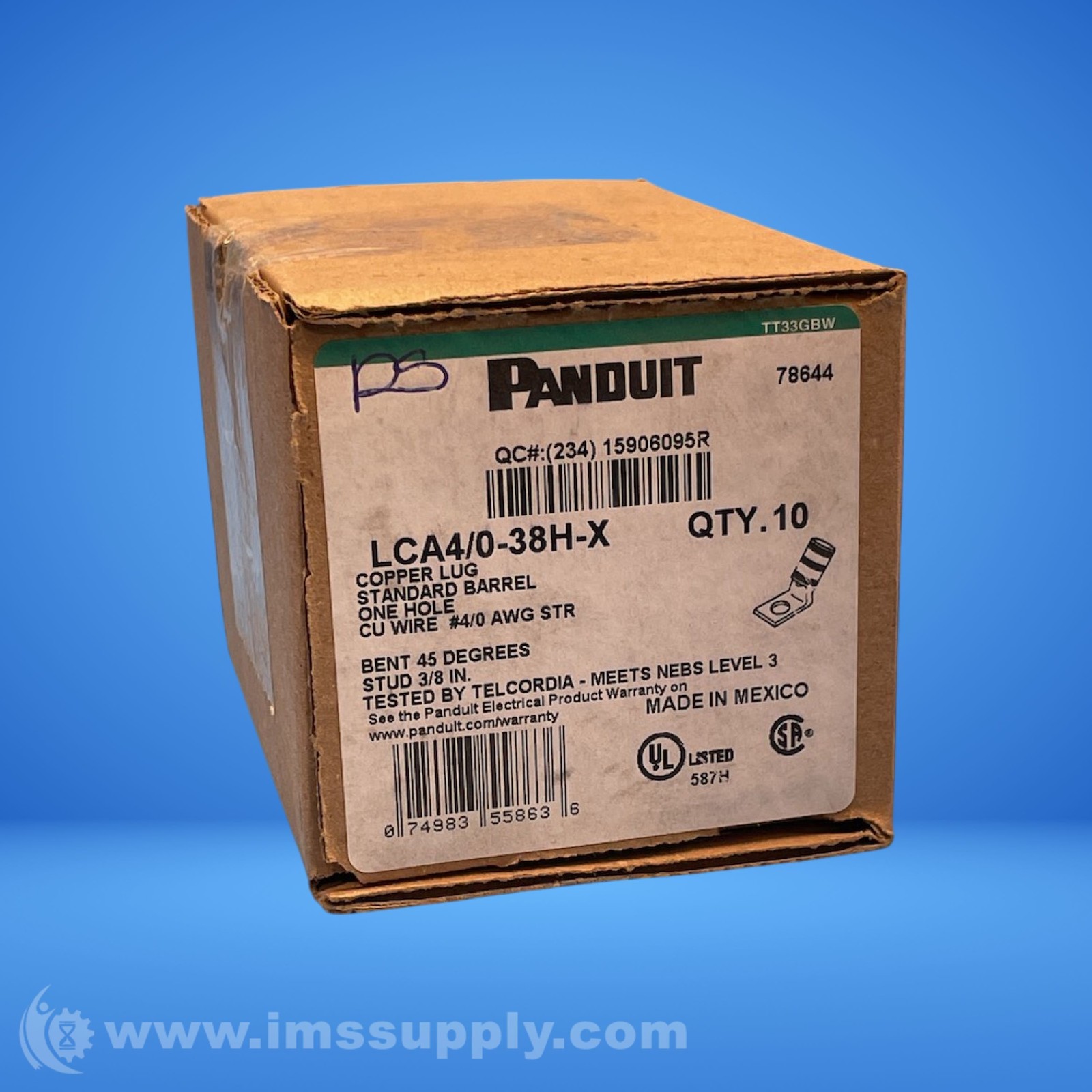 Panduit LCA4/0-38H-X Box of 10 Copper Lugs, 3/8in Stud FNFP