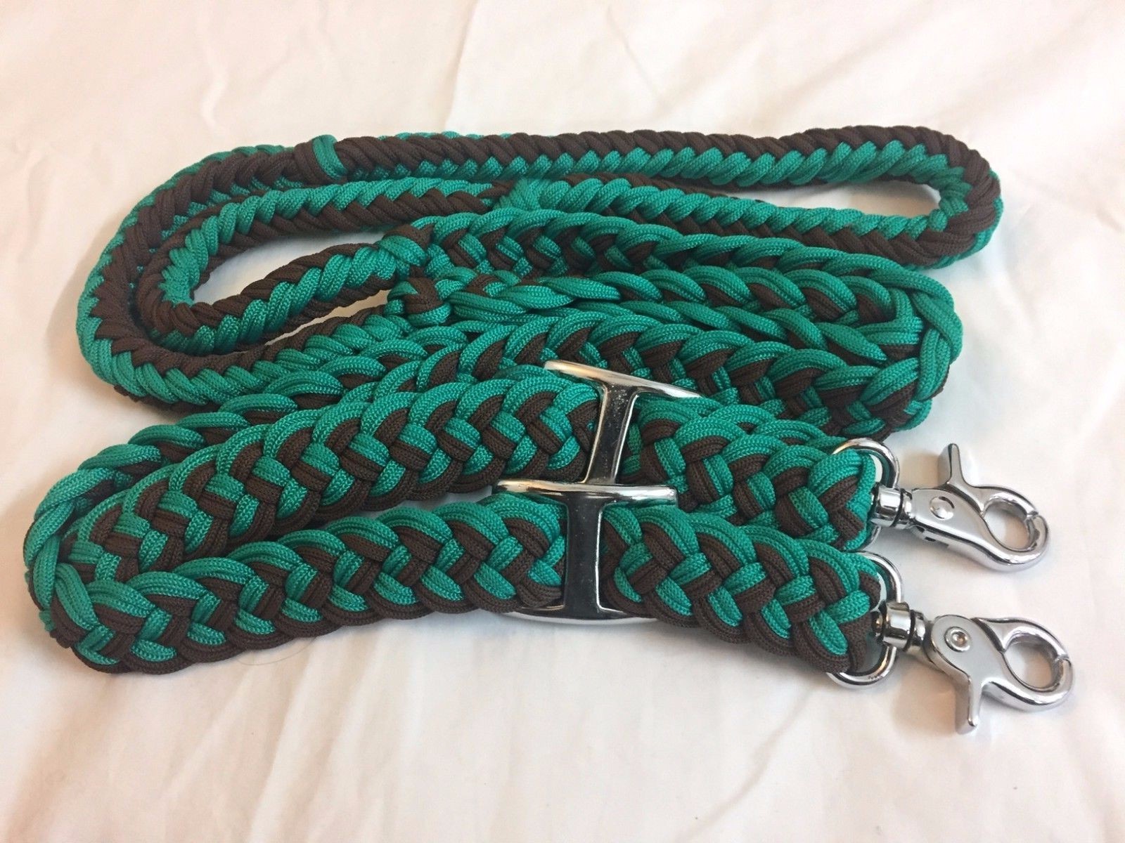 Western Set of 2 Nylon Braided and Knotted Roping Reins- Dark Green & Brown