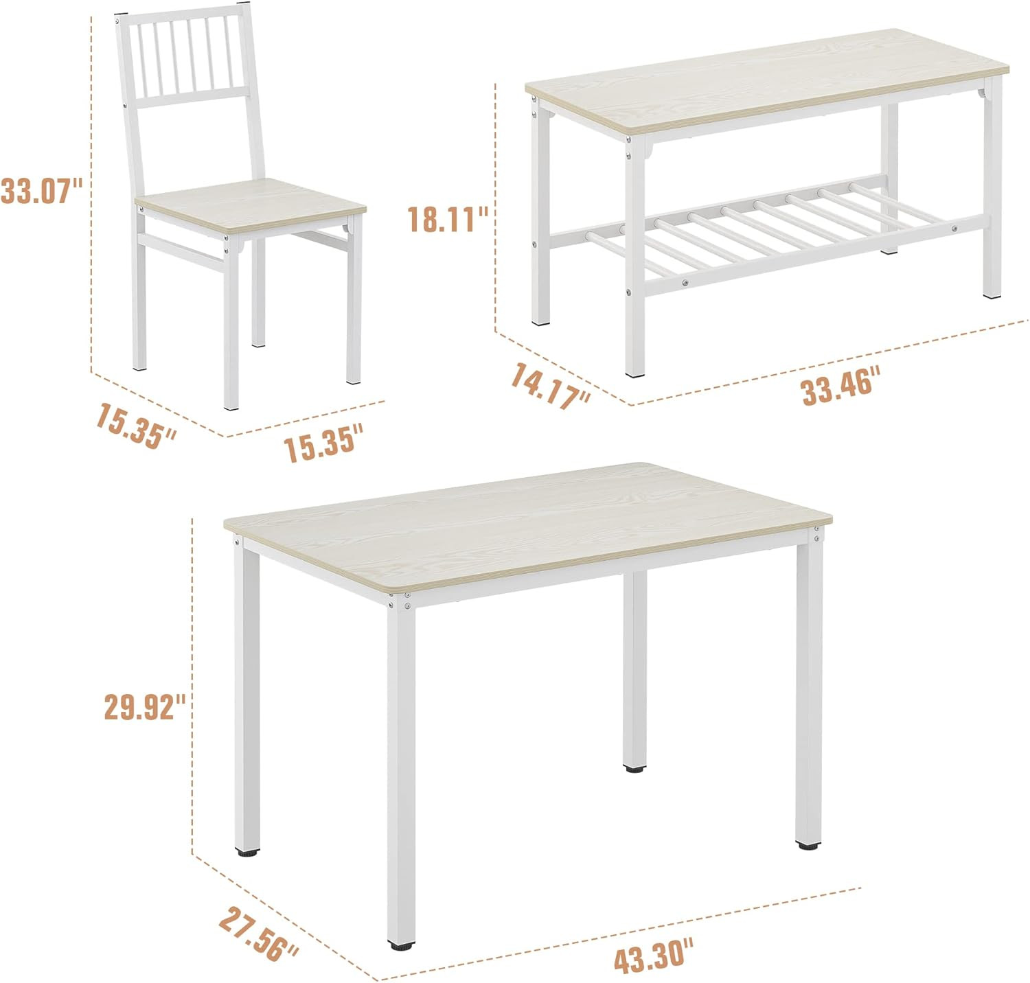 Beige 4-Piece Dining Table Set with 2 Chairs and Bench, 110CM