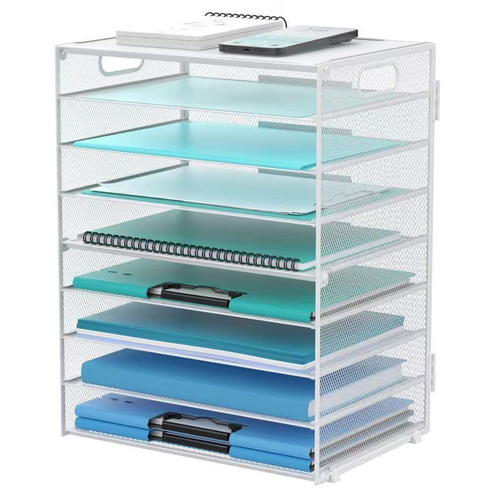 12.6 in X 16.5 White 9-Tier Paper Letter Tray Metal Desk Organizer with Handles,