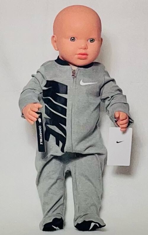 NEW AIR NIKE Baby Boys 1-pc GIFT SET: Sleeper Coverall  0-6 Months Gray & Black