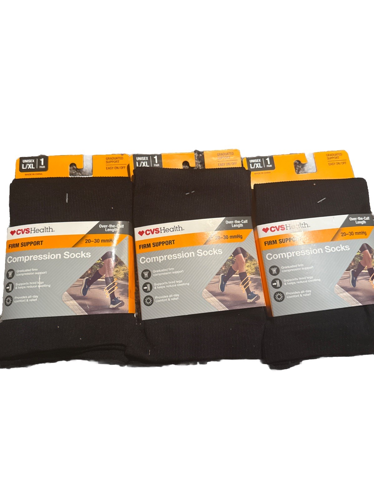3PK CVS Black Light Compression Over the Calf Length Unisex Socks Size L/XL