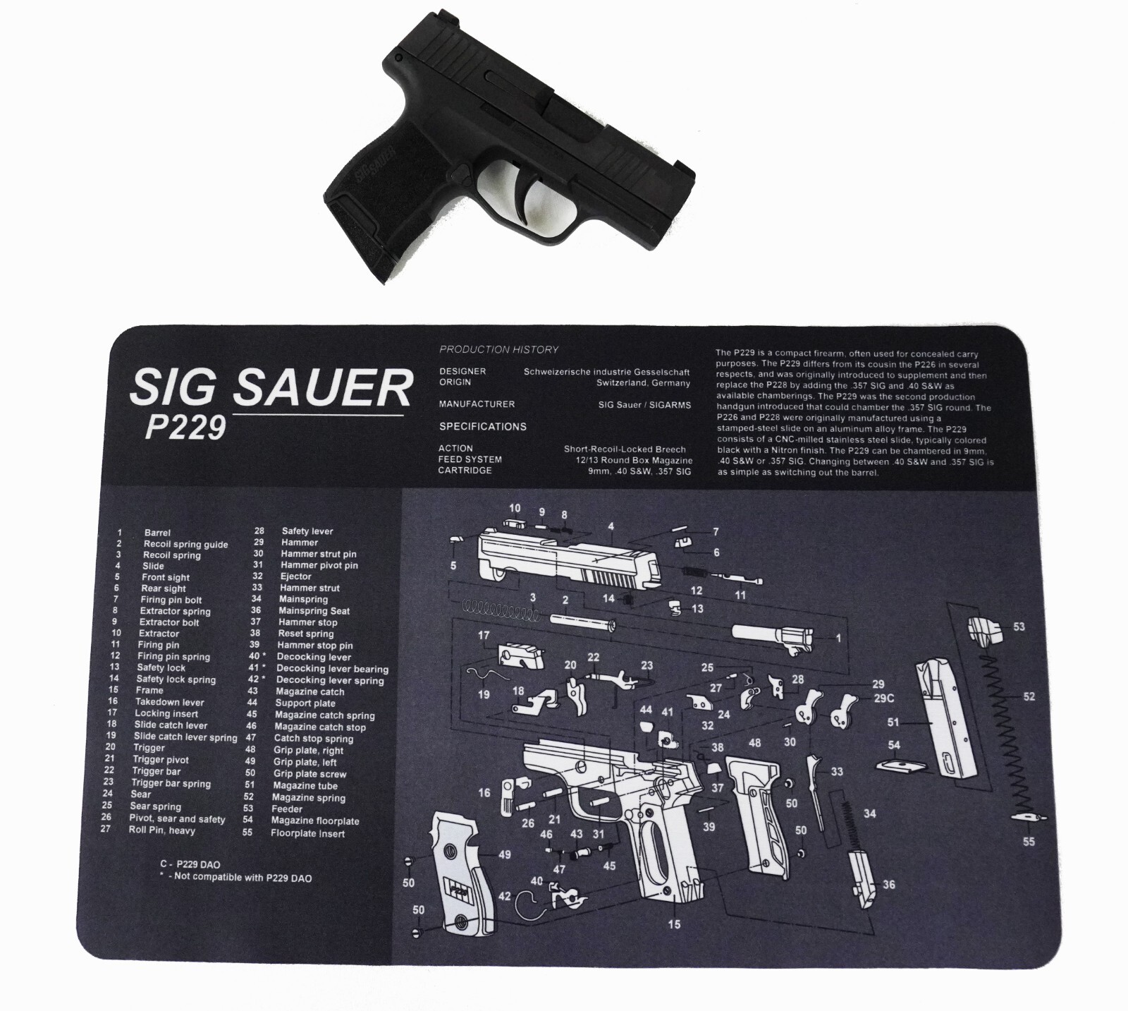 Gun Cleaning Mat for Sig Sauer P229 Breakdown Schematics Parts Diagram