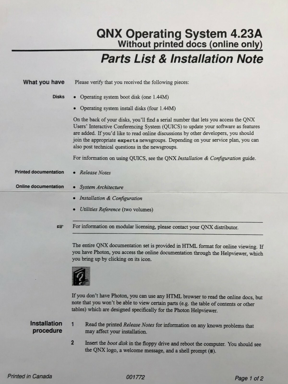 QNX Operating System Version 4.23 A