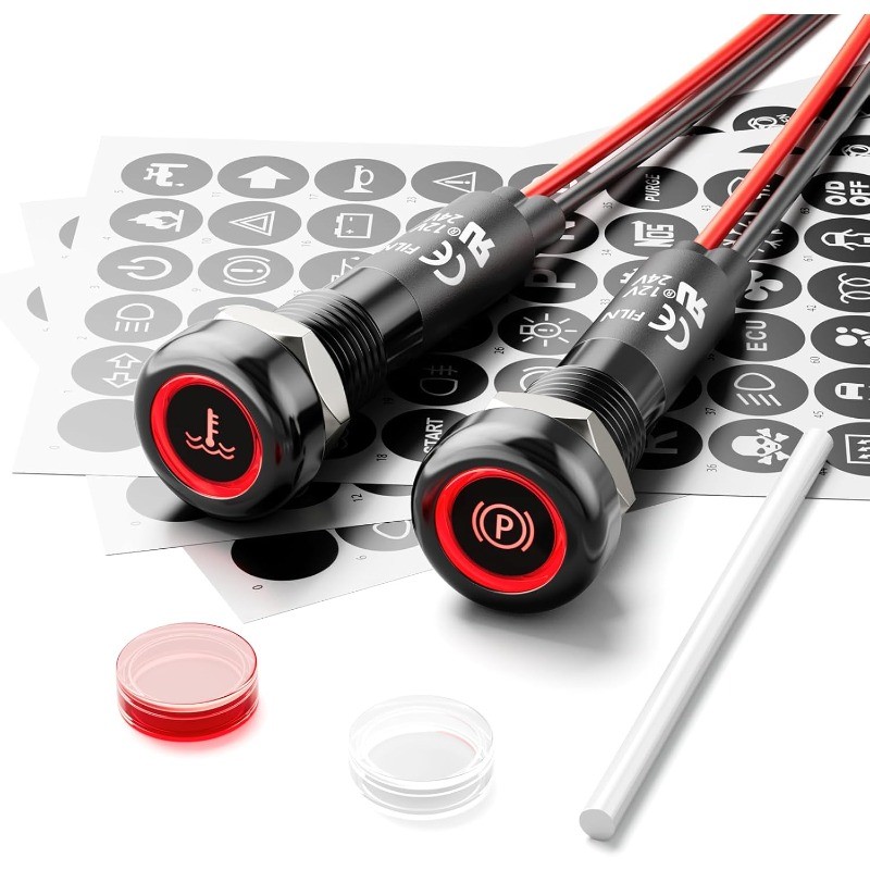 2PCS 8MM LED Signal Lamp 12-24V Red IP67 Waterproof with 180 Symbols for Vehicle