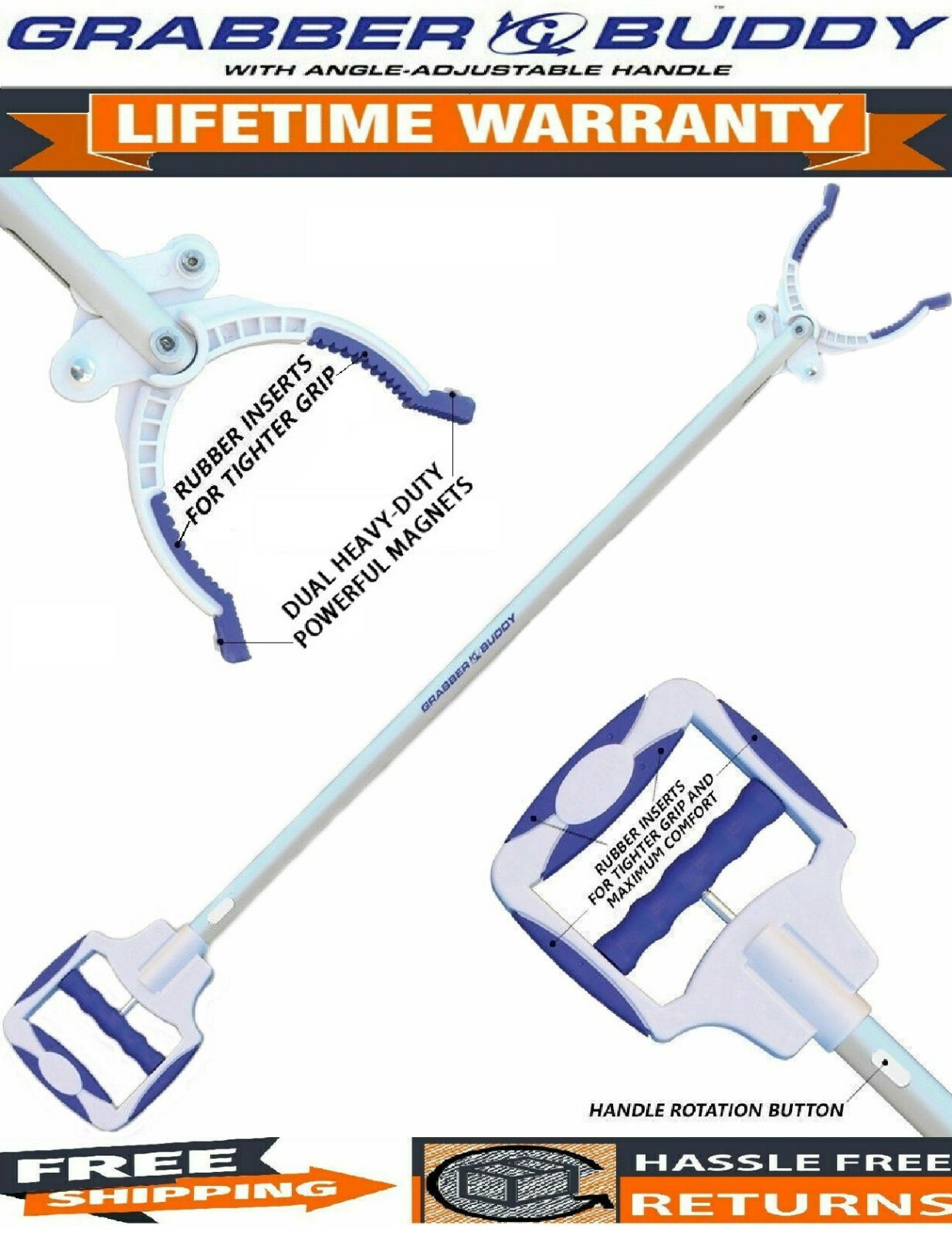 Grabber Buddy Reacher Pick Up Tool 48" 2 Heavy-Duty Magnets Handle Rubber Tips