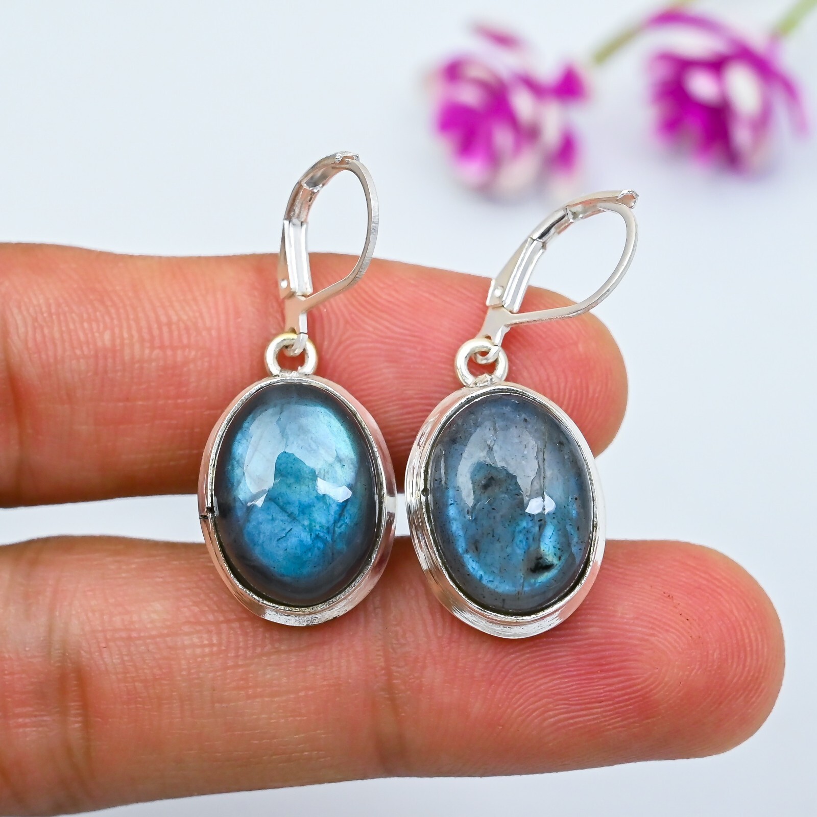 Natural Blue Labradorite Gemstone Handmade 925 Sterling Silver Jewelry Earrings