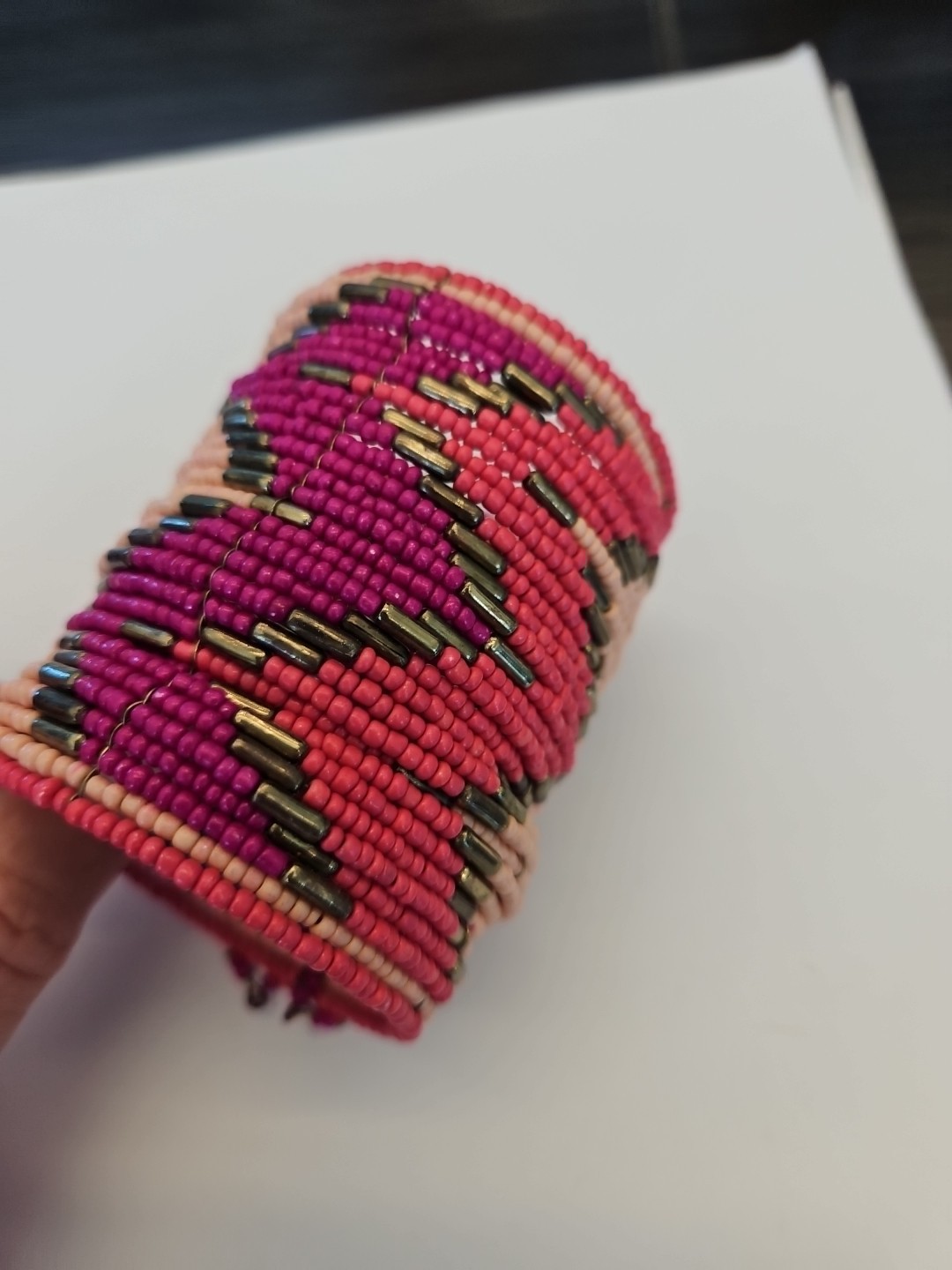Woven Wire Bead Cuff Bracelet Pinks And Purples