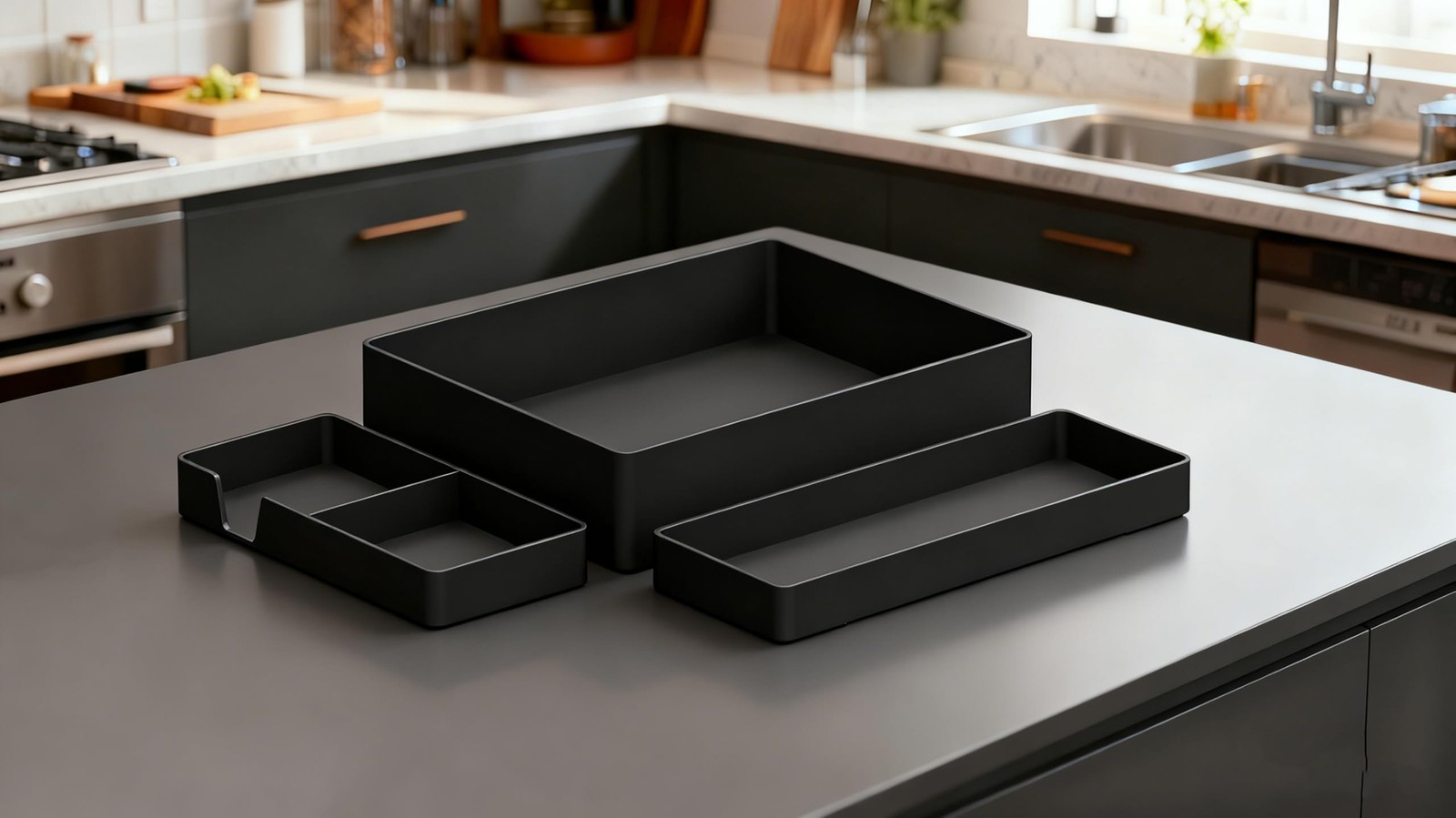 3 Piece Plastic Desk Organizer Tray Bundle Black Durable Hard Plastic