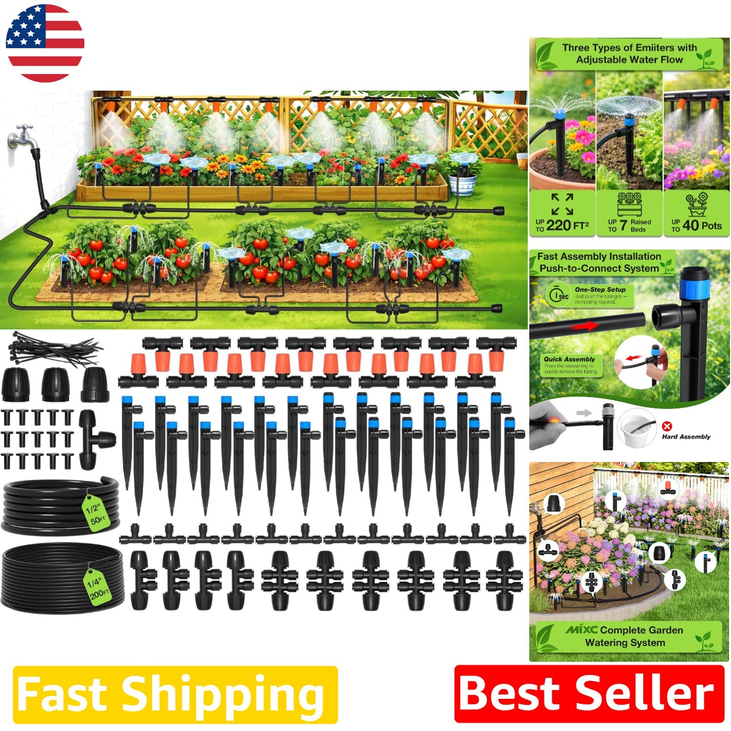 Deluxe 250FT Drip Irrigation Kit, Push Connect Misting System, Greenhouse & Lawn