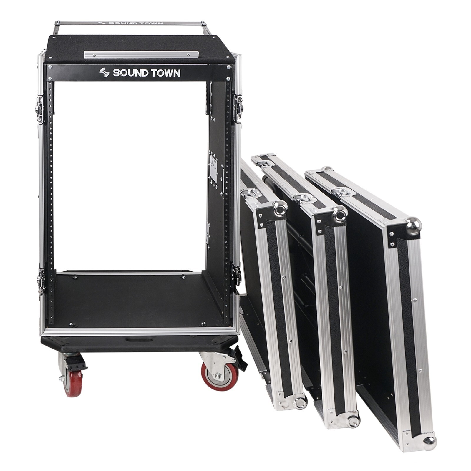 Sound Town 16U DJ Rack Case w/11U Slant Mixer Top Casters Lock Drawer STMR-16TD3