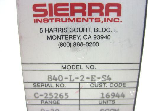 Sierra 840-L-2-E-S4 Side-Trak Mass Flow Controller, 0-20 sccm