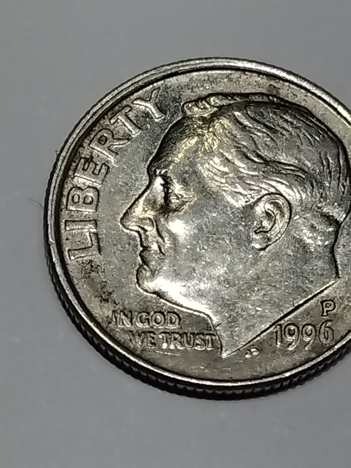 1996 P Roosevelt Dime Misaligned Die Obverse Error Rail road edge left