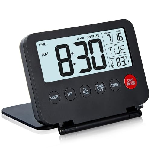Small Digital Travel Alarm Clock, Large LCD Display Front Button with Date &