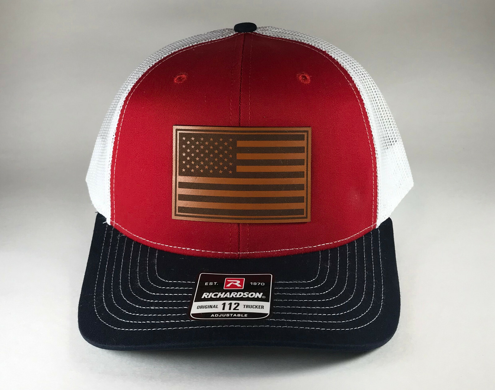 Richardson 112 American Flag 6 Panel Snapback Trucker Mesh Hat Leather Patch
