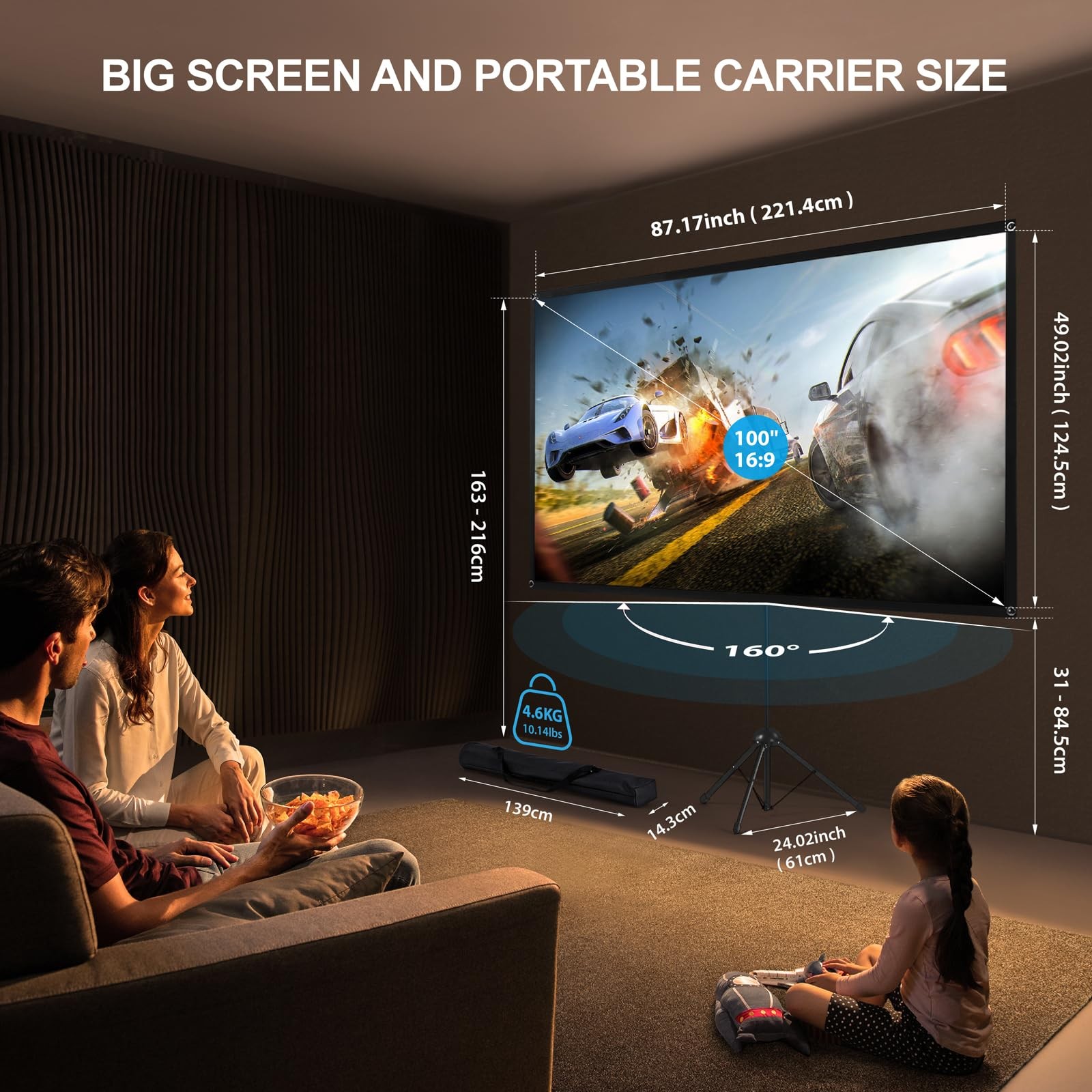 Projector Screen with Stand, 100 Inch Outdoor Projection Screen 16:9 and Trip...