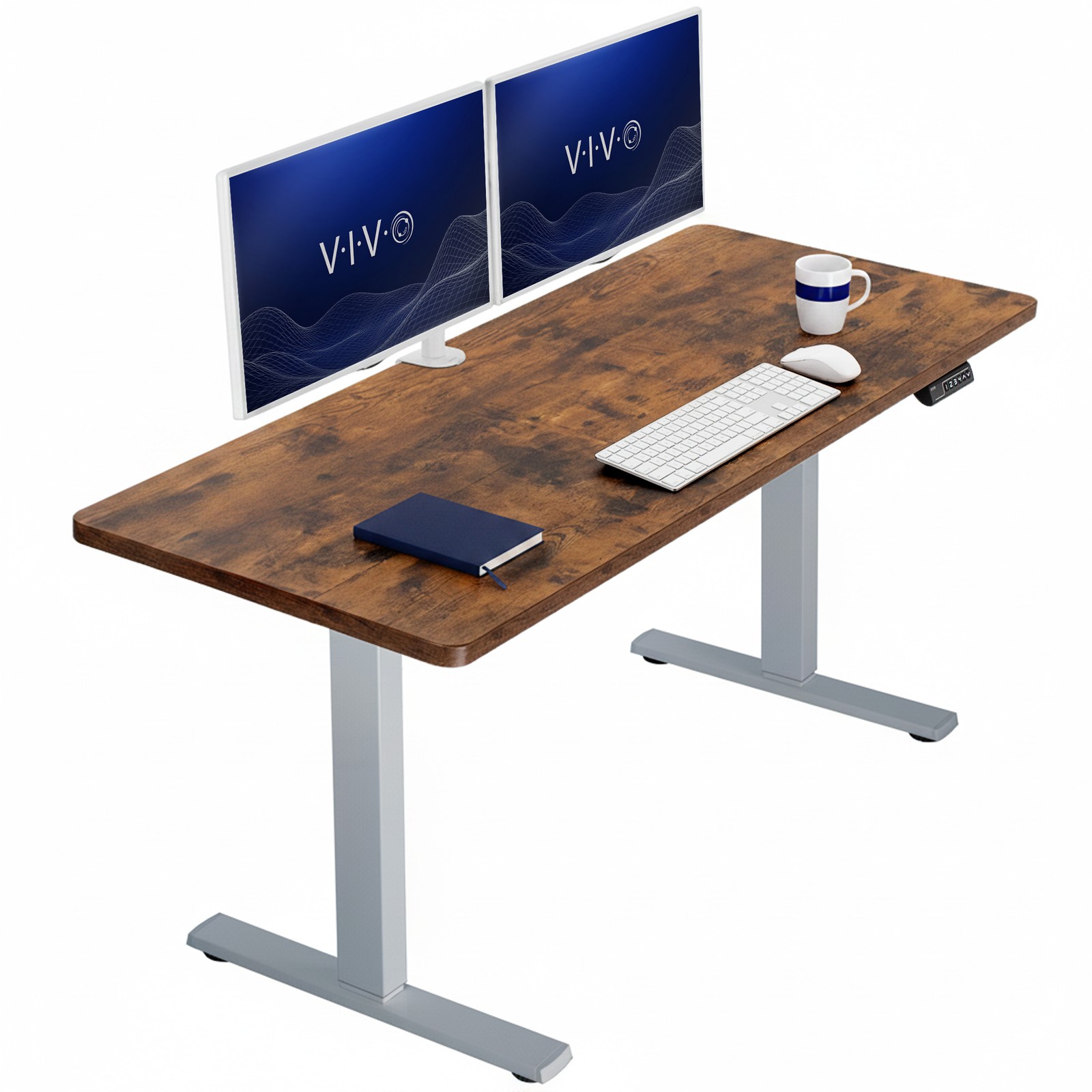 VIVO Electric 60” x 24” Stand Up Desk, Vintage Brown Table Top, Gray Frame