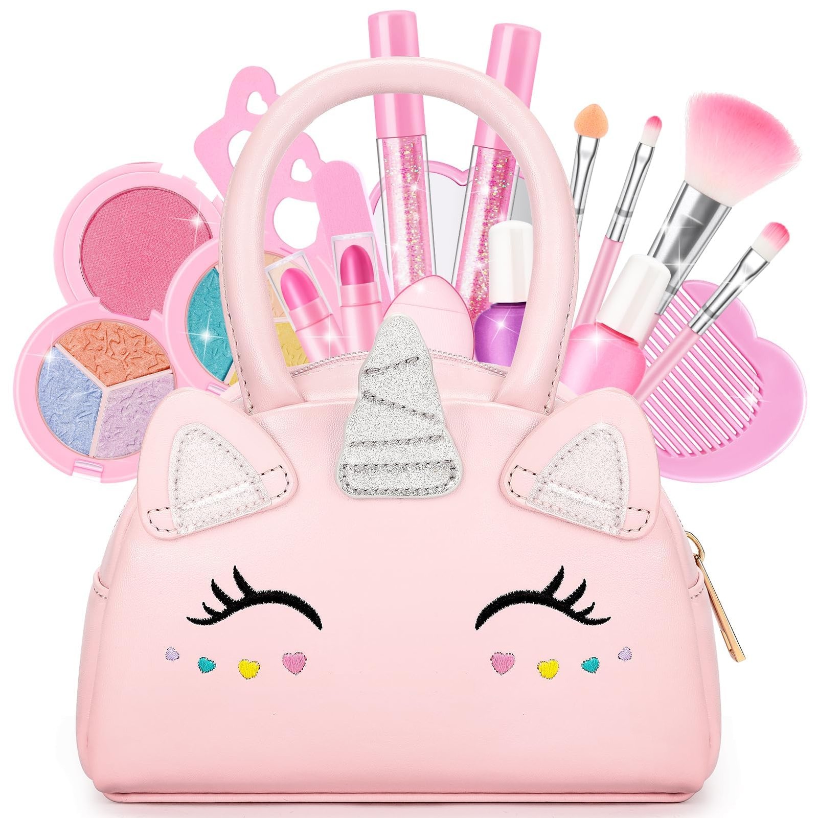 Kids Washable Makeup Kit for Girls with Unicorn Purse - 18 child-size, Pink
