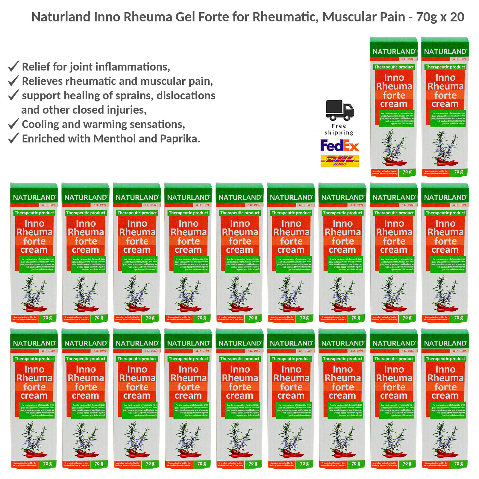 Naturland Inno Rheuma Herbal Gel Forte for Rheumatic, Muscular Pain 70g x 20