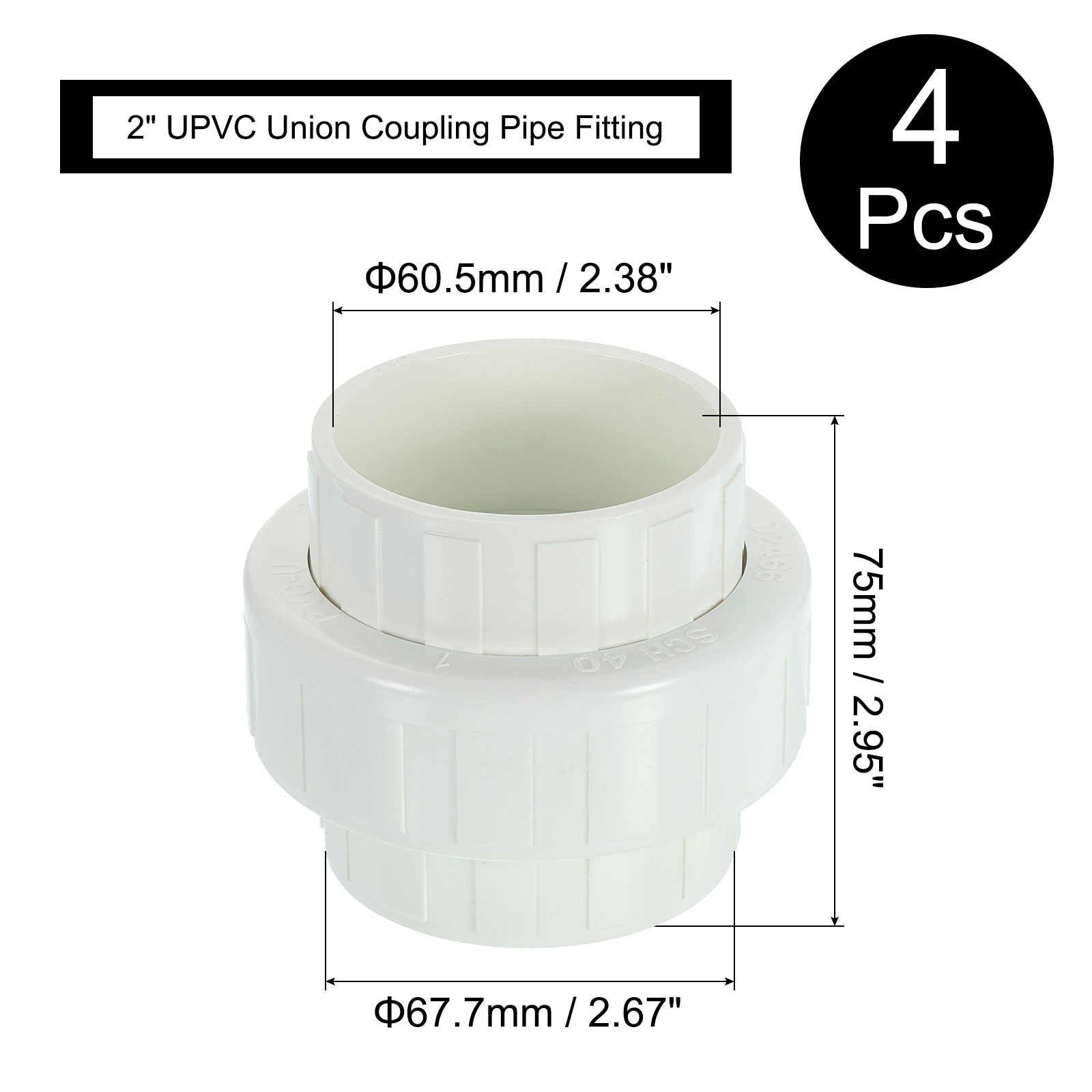 4Pcs 2" UPVC Union Coupling Pipe Fitting, UPVC Union Coupling Adapter, White