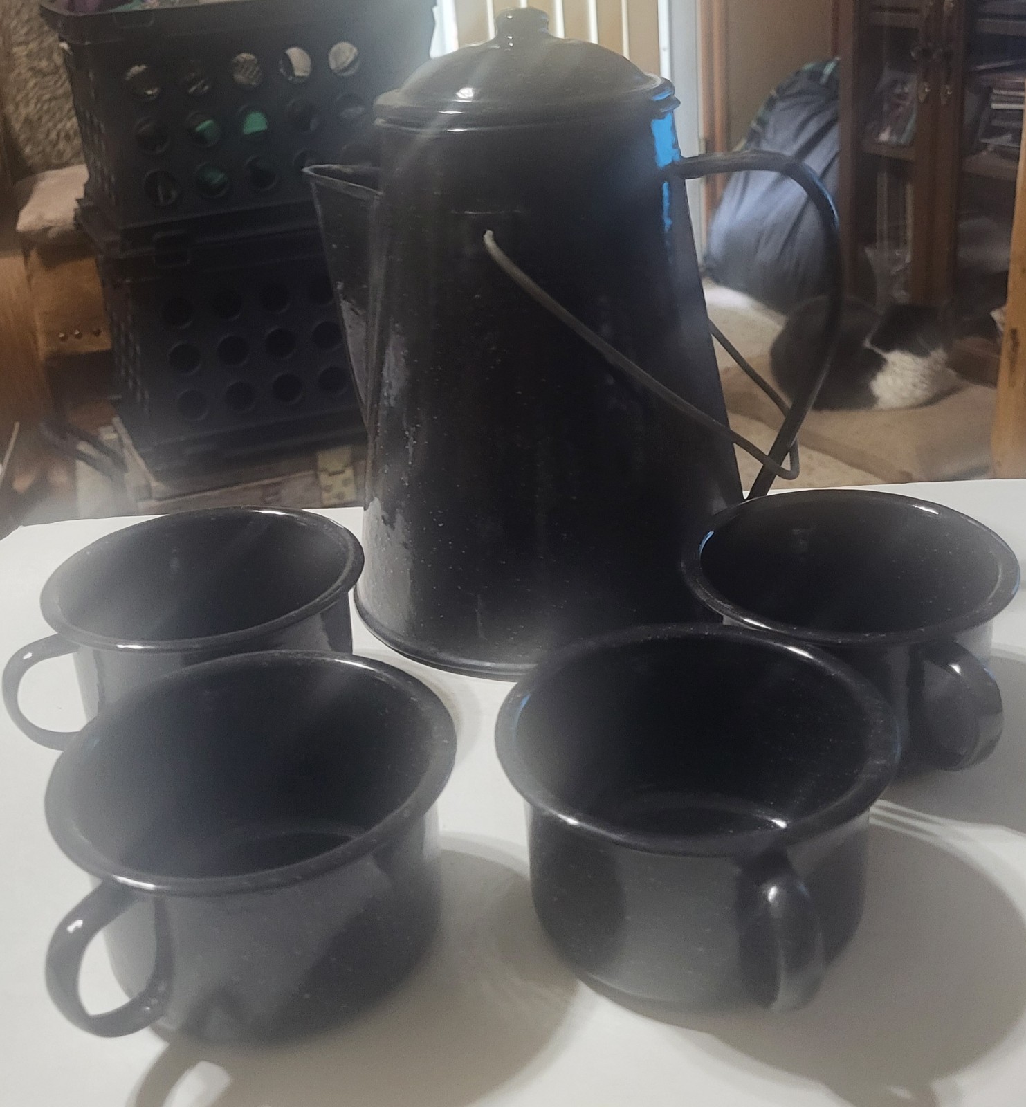 Black Enamel Speckled Coffee Pot (no Perkulater) And  4 Coffee Cups